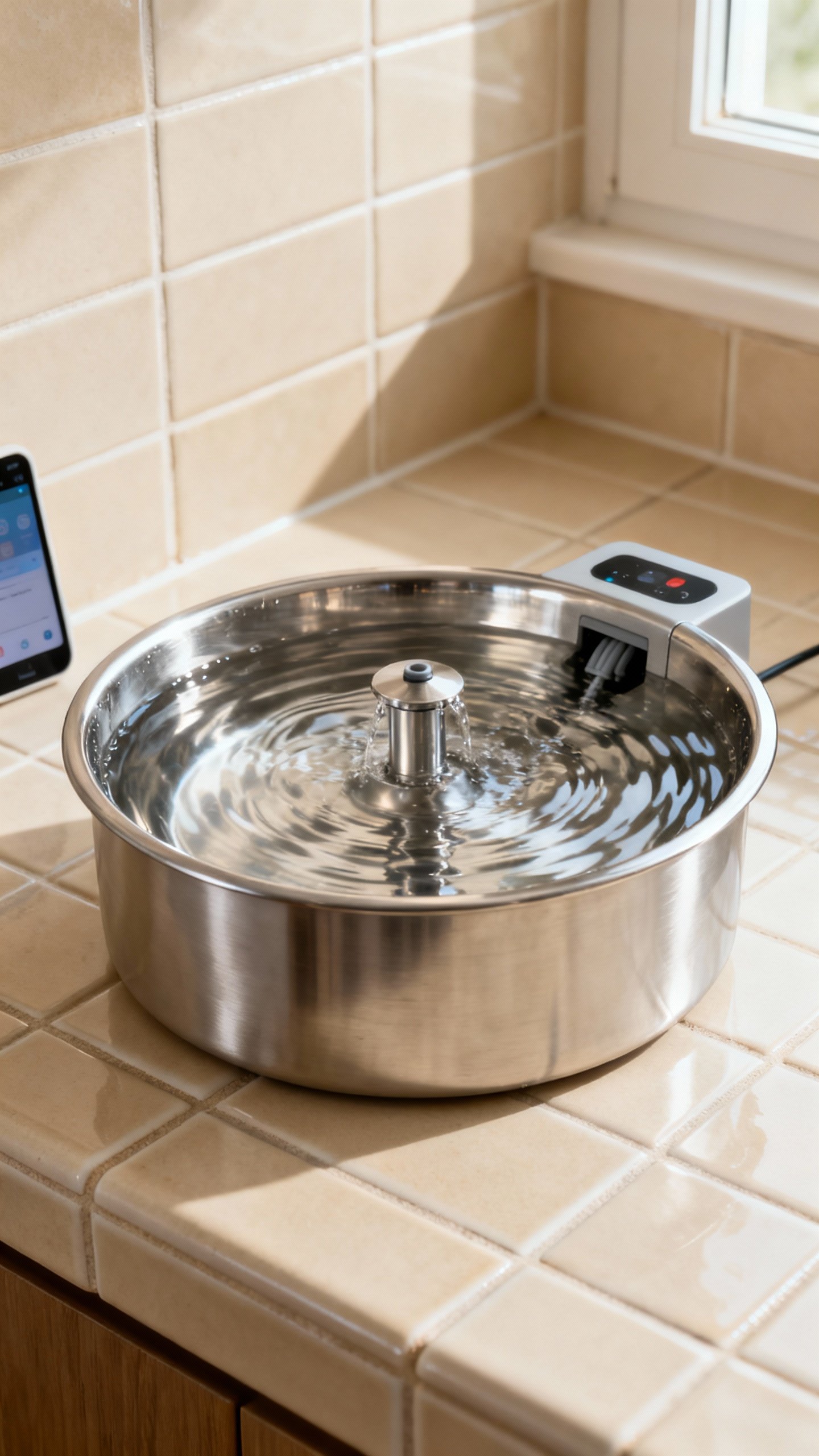 App-controlled stainless steel cat fountain, rippling water, quiet pump, ceramic tile counter