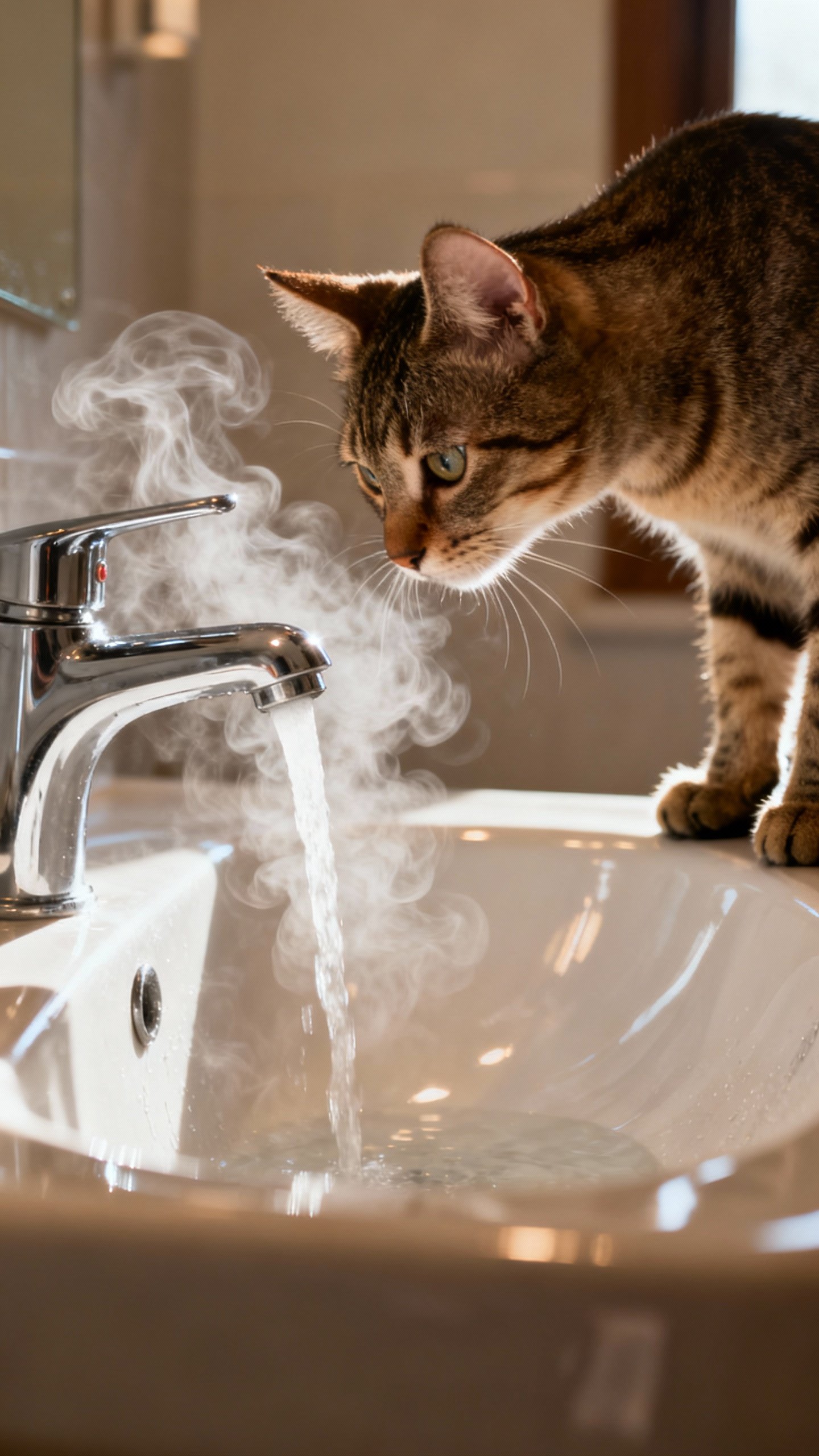 Bathroom sink perch: curious cat inspecting running faucet, steam