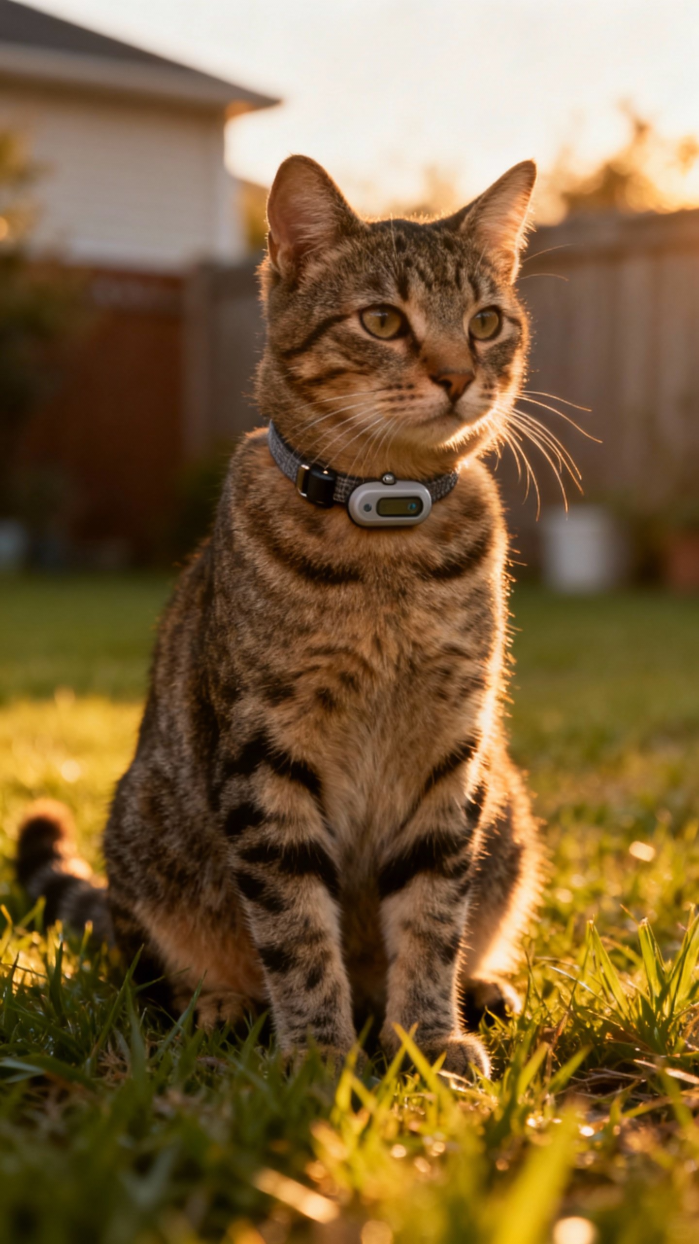 Breakaway collar with lightweight GPS tracker on tabby cat, backyard grass, golden hour closeup