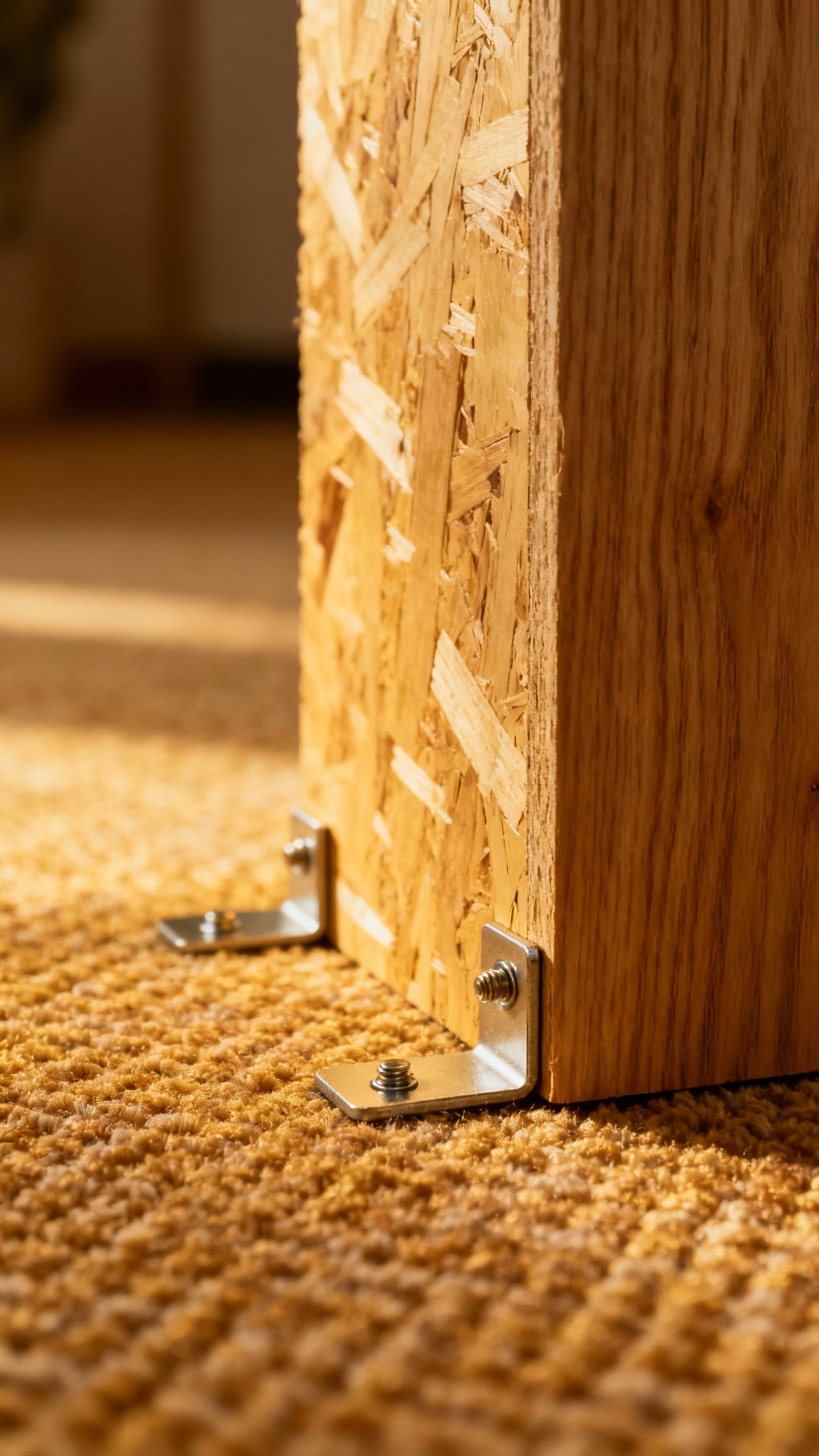 Carpeted plywood base with L-brackets, screws, closeup