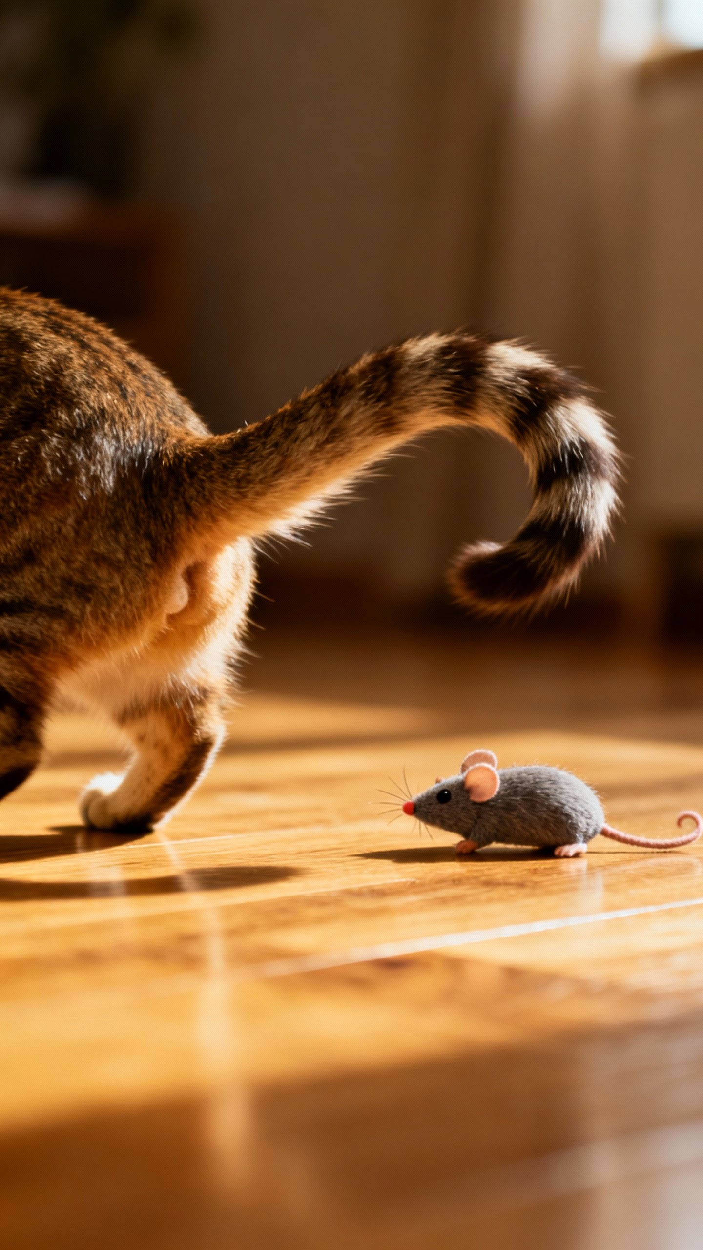 Cat butt wiggle before pounce, question‑mark tail, toy mouse on hardwood floor
