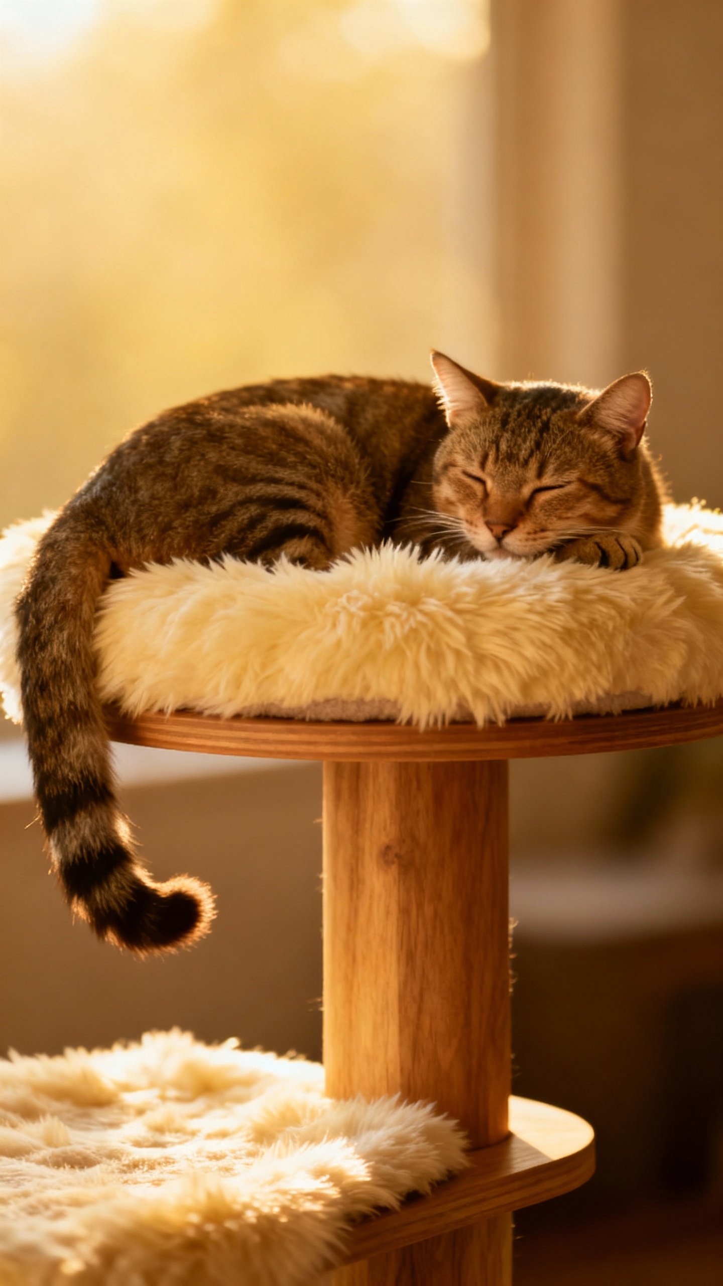 Cat lounging on top perch with faux fur pad
