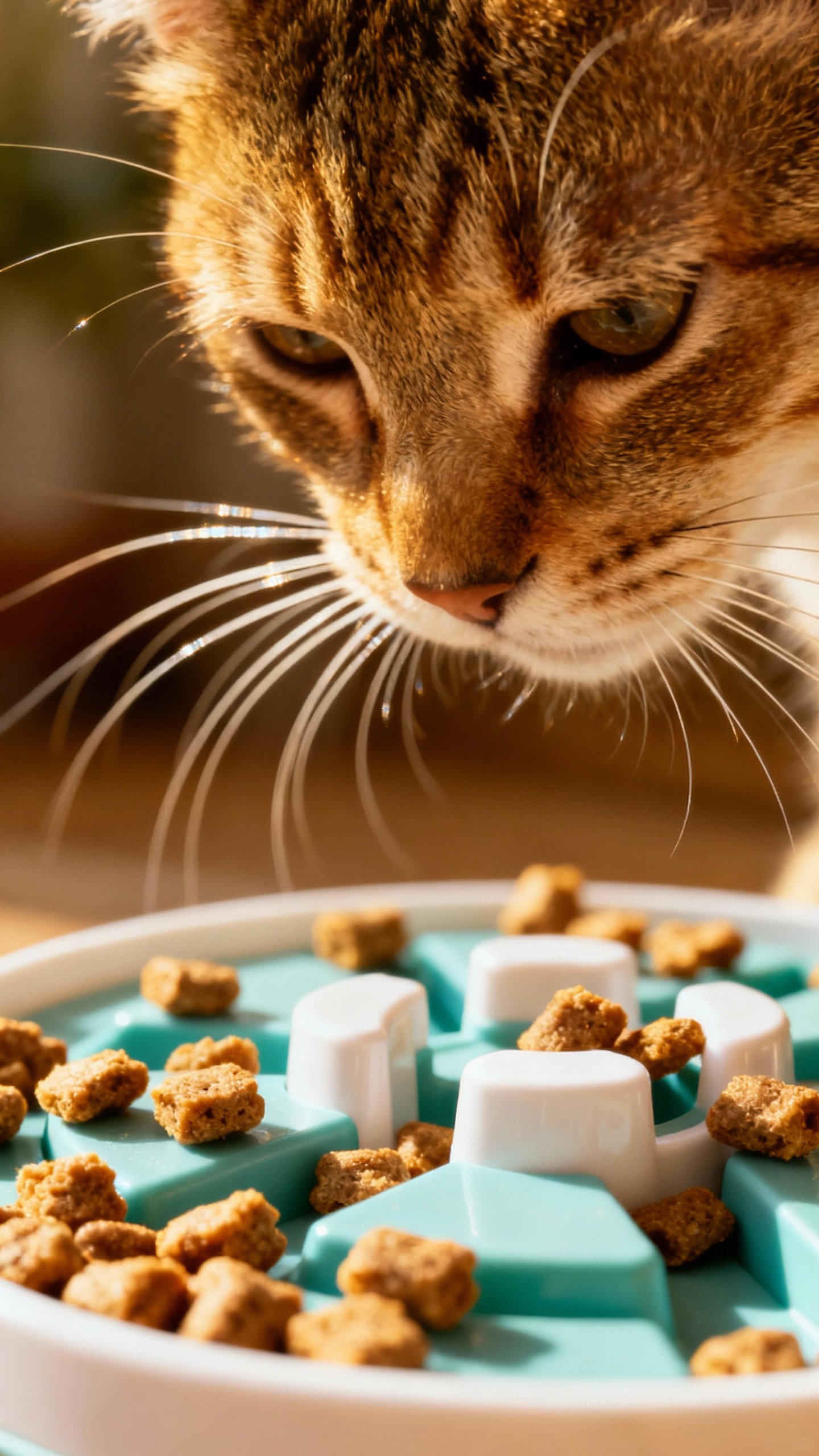 Cat using puzzle feeder, tiny crunchy treats spilling, whiskers closeup
