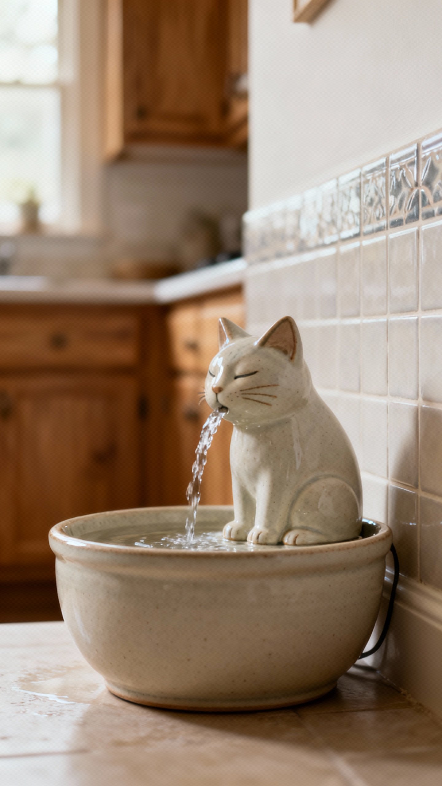 Ceramic cat water fountain, gentle stream, quiet kitchen corner