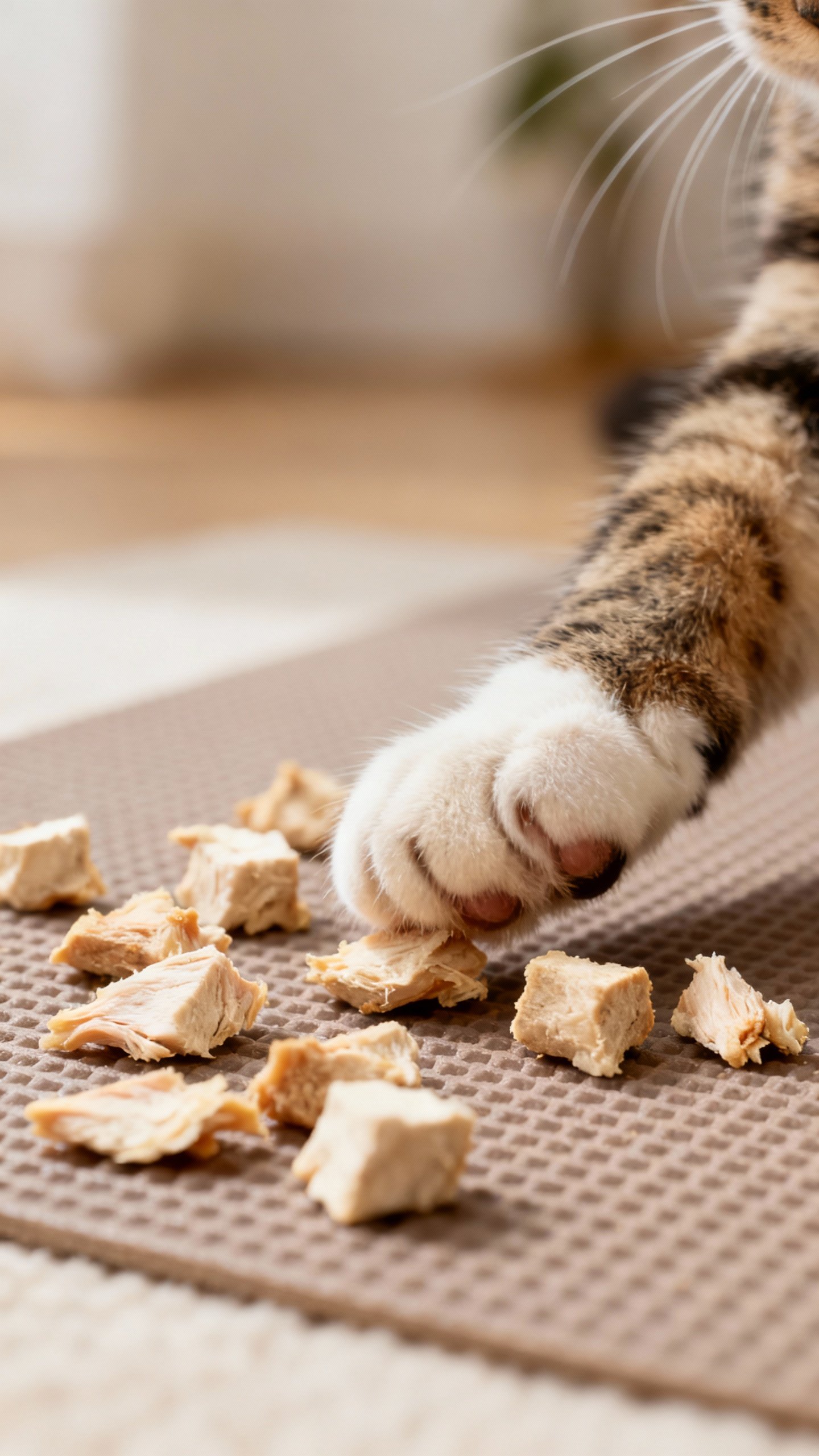 Closeup cat paw batting freeze-dried chicken bites on mat