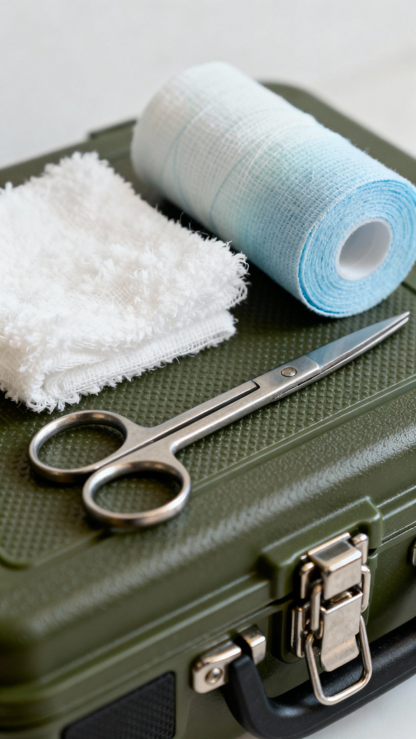 Closeup gauze pads, vet wrap, blunt-tip scissors on tackle box