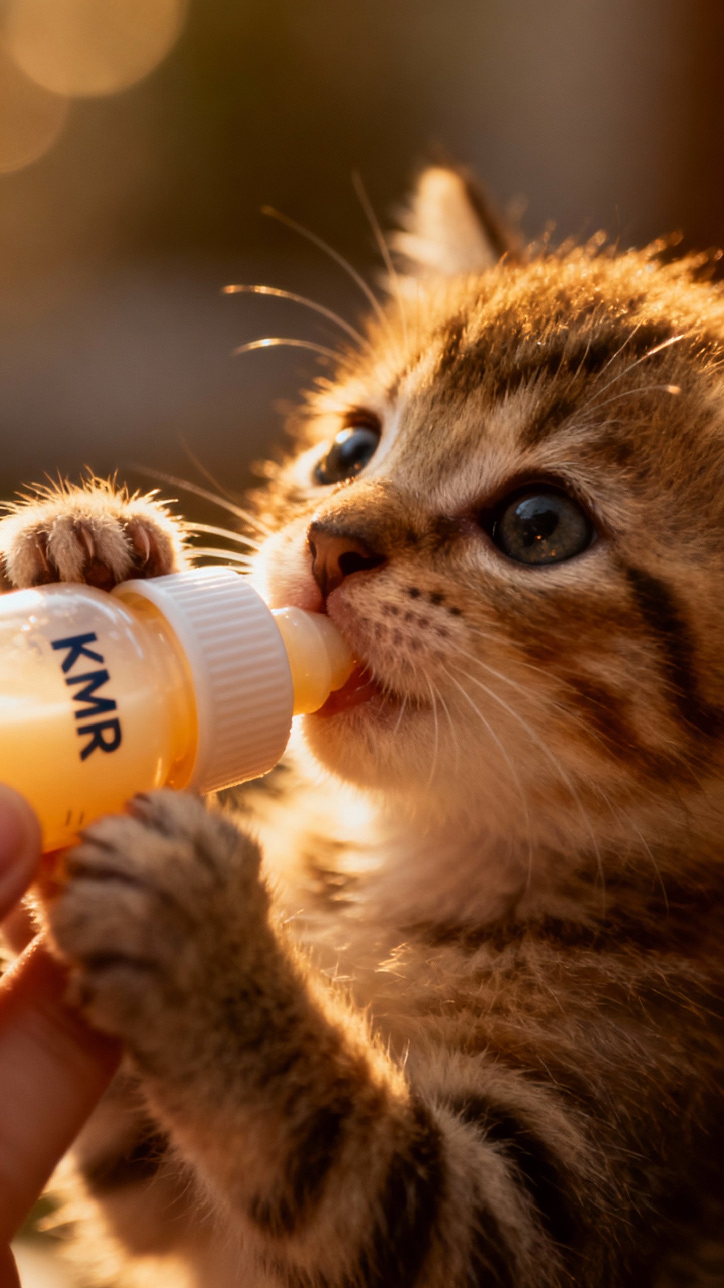 Closeup kitten bottle feeding with warm KMR, tiny paws gripping