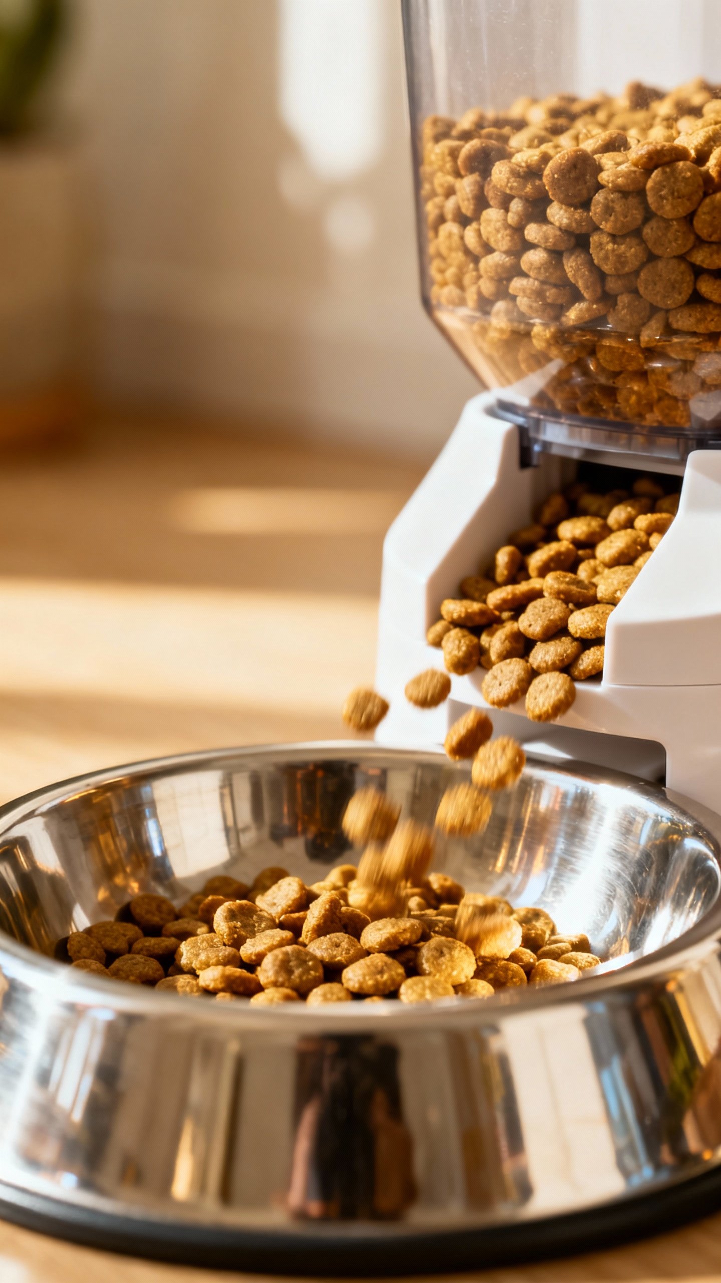 Closeup of automatic cat feeder dispensing kibble, stainless bowl, morning light