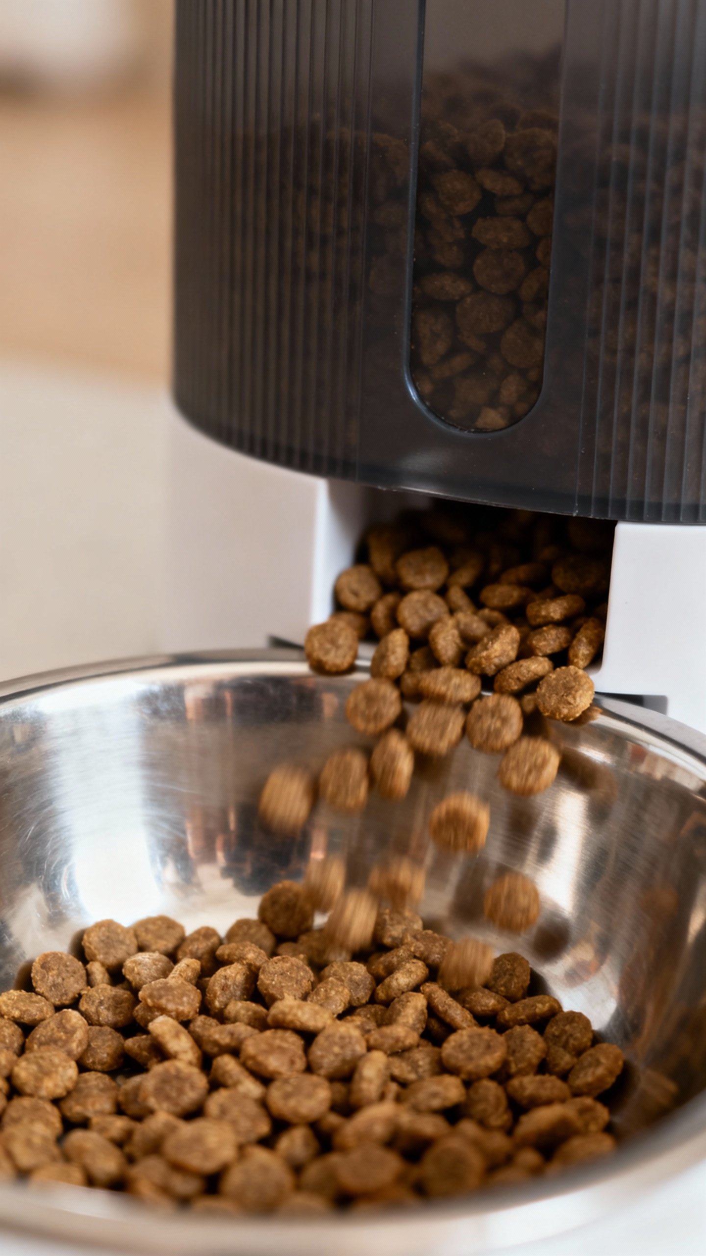 Closeup of automatic cat feeder dispensing kibble, stainless bowl