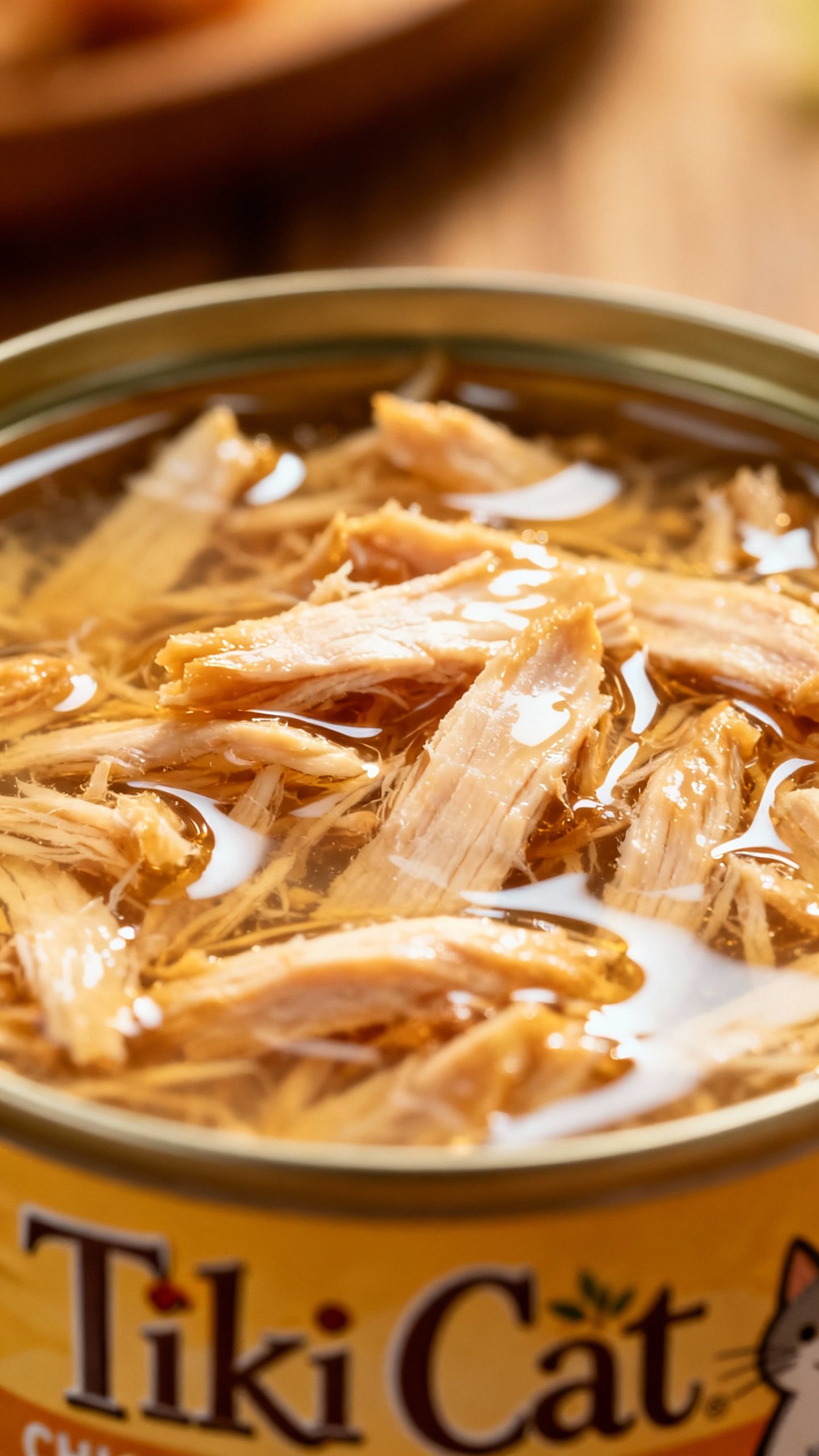 Closeup of canned Tiki Cat shredded chicken in broth, glistening