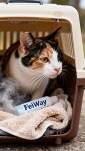 Closeup of cat carrier interior with soft towel and Feliway-sprayed blanket, calico cat peeking