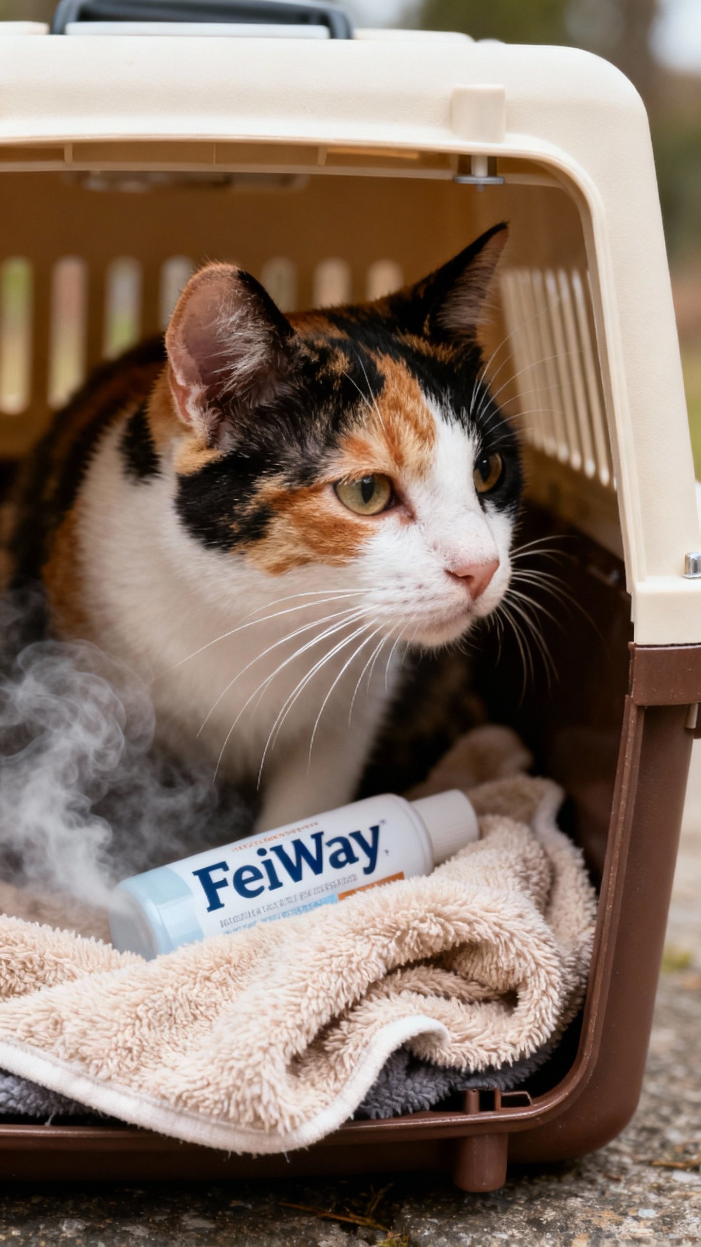 Closeup of cat carrier interior with soft towel and Feliway-sprayed blanket, calico cat peeking