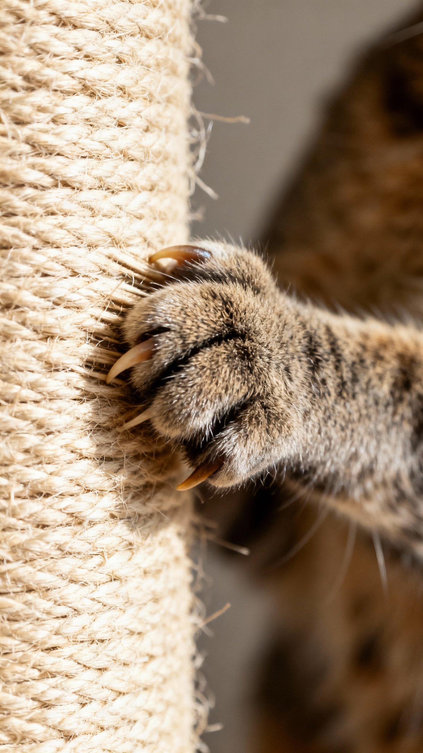 Closeup of cat claws raking sisal fabric post, beige texture