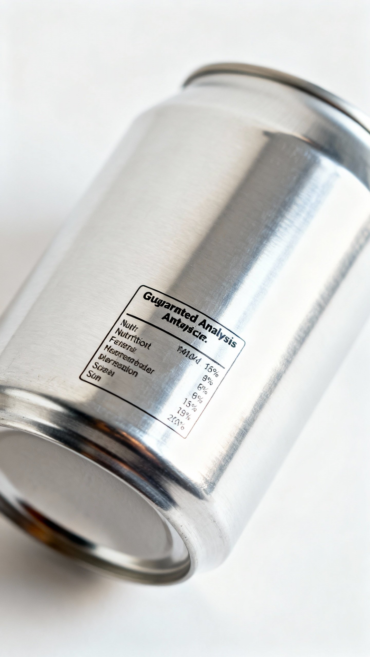 Closeup of cat food label showing guaranteed analysis panel, metallic can surface