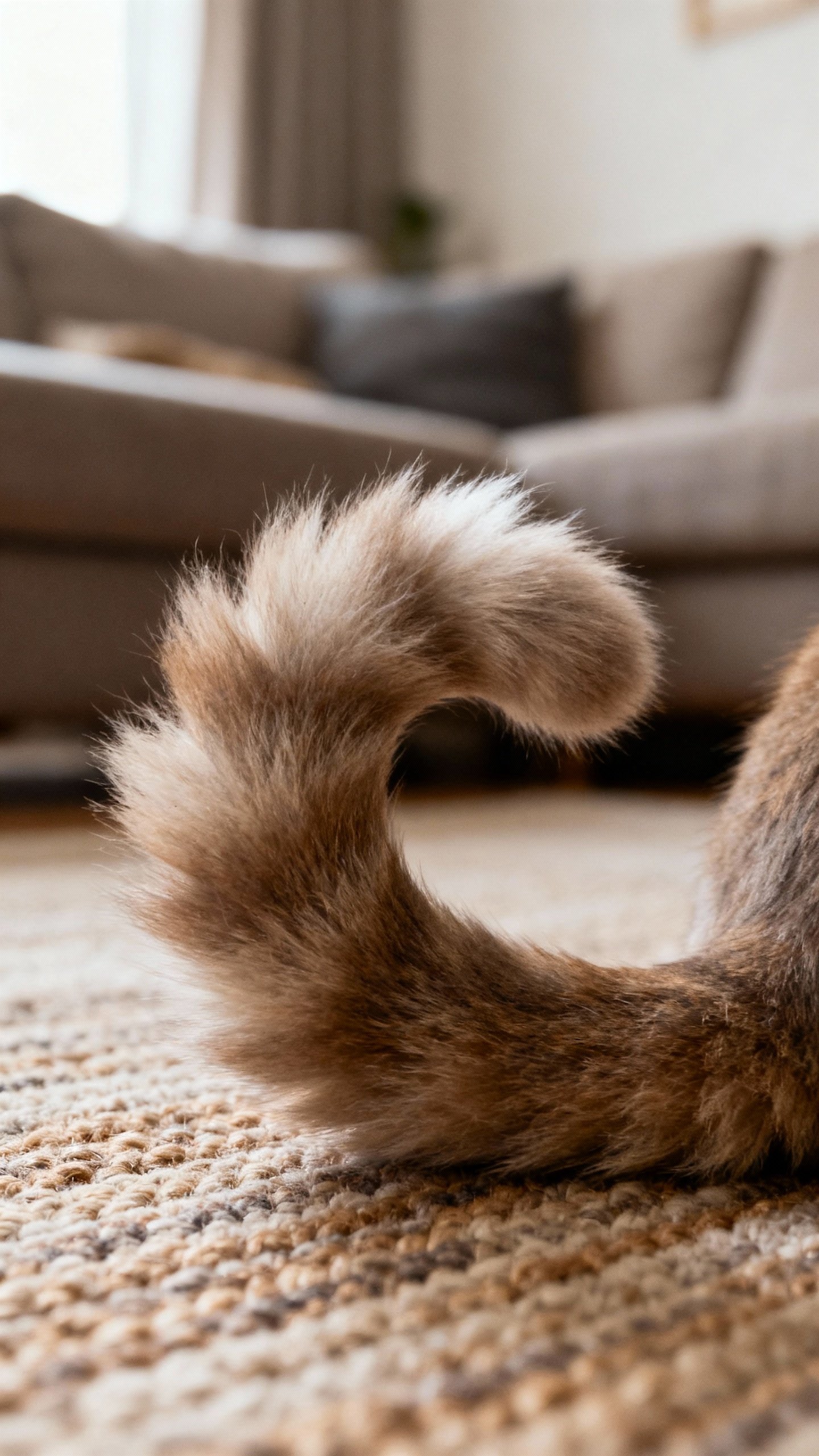 Closeup of cat tail puffed, fur fluffed, arched, living room rug