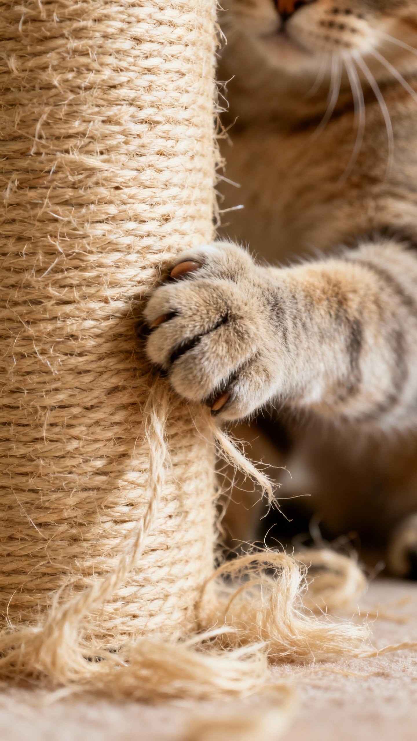 Closeup of cat’s paws scratching tall sisal post, beige fibers