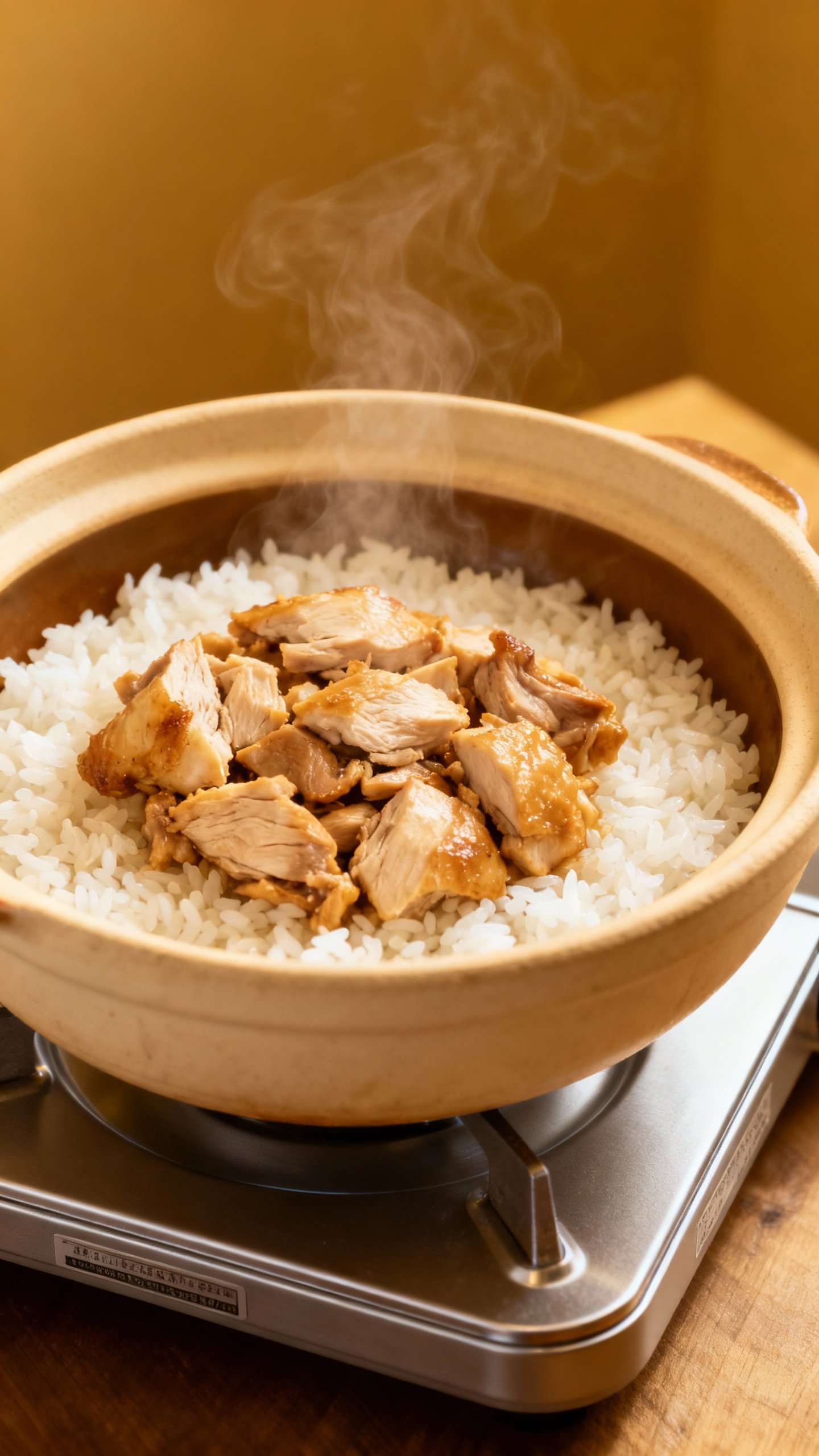 Closeup of chopped cooked chicken thigh and white rice in ceramic bowl, warm steam, silver kitchen s