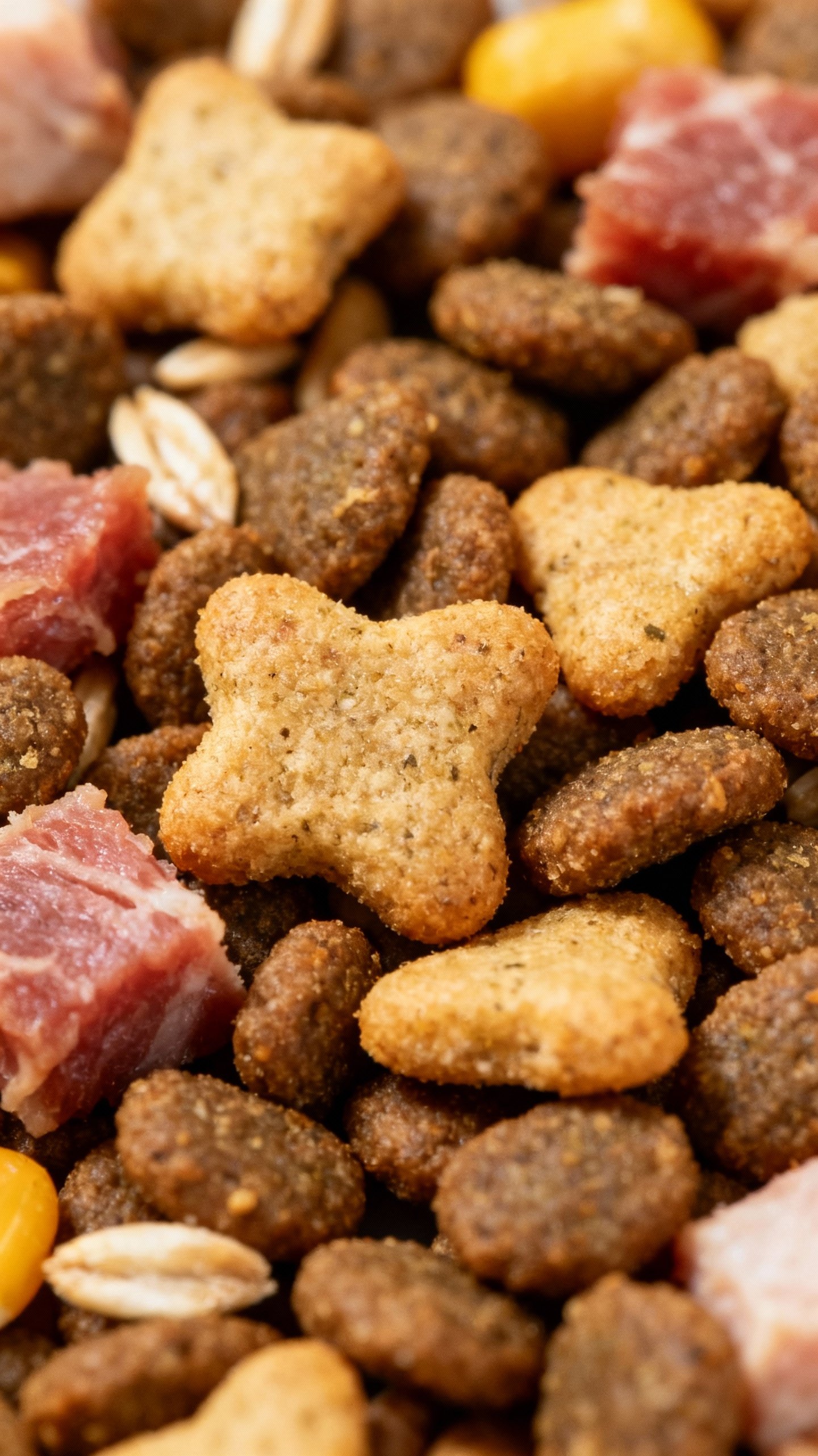 Closeup of dry kibble mix, varied shapes and colors, low-carb high-protein appearance