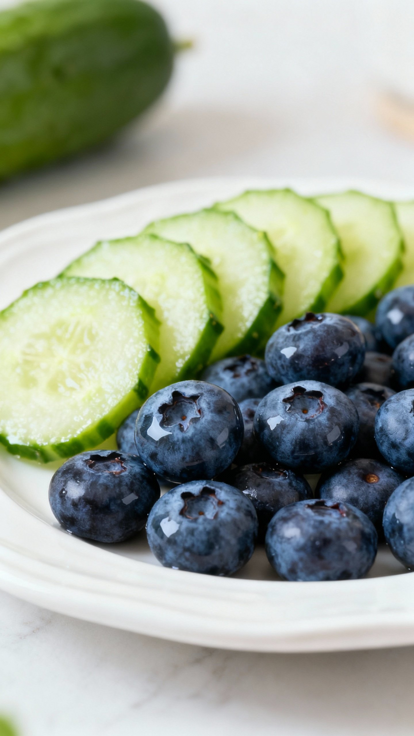 Closeup of fresh blueberries and peeled cucumber slices on ceramic plate