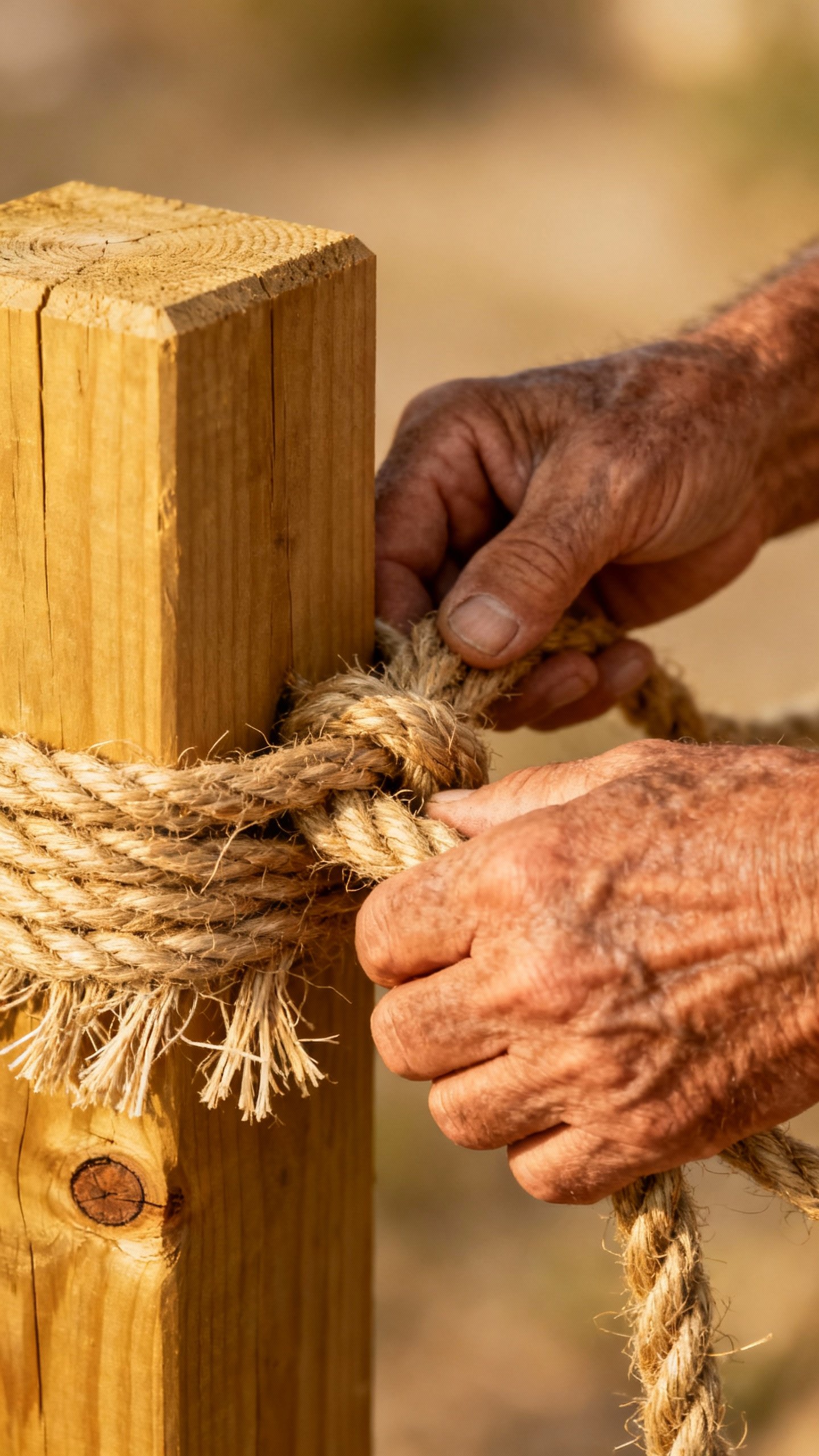 Closeup of hands wrapping sisal rope on 4x4 post