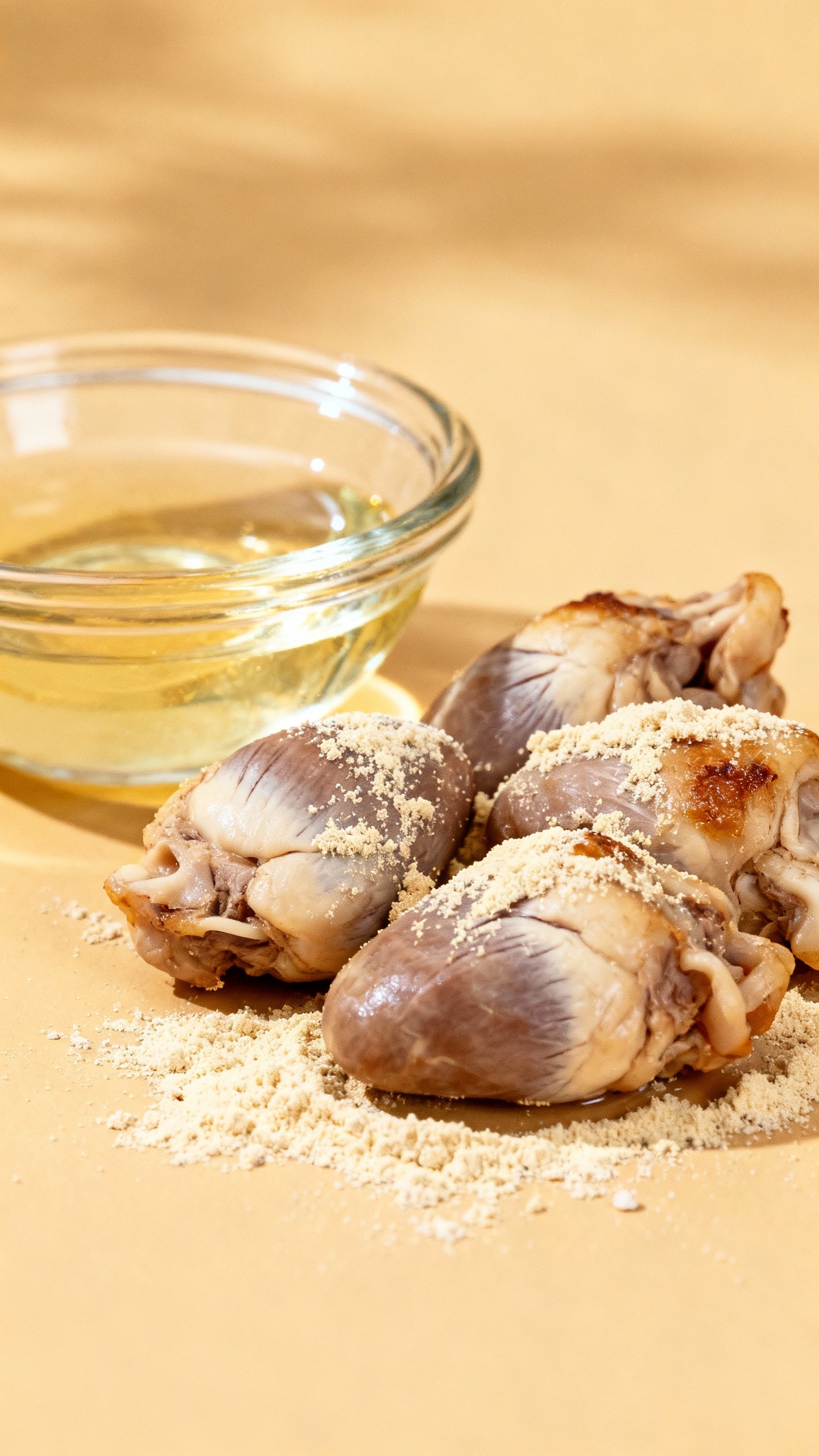 Closeup of lightly cooked chicken hearts and thigh pieces, sprinkled eggshell calcium powder, small 