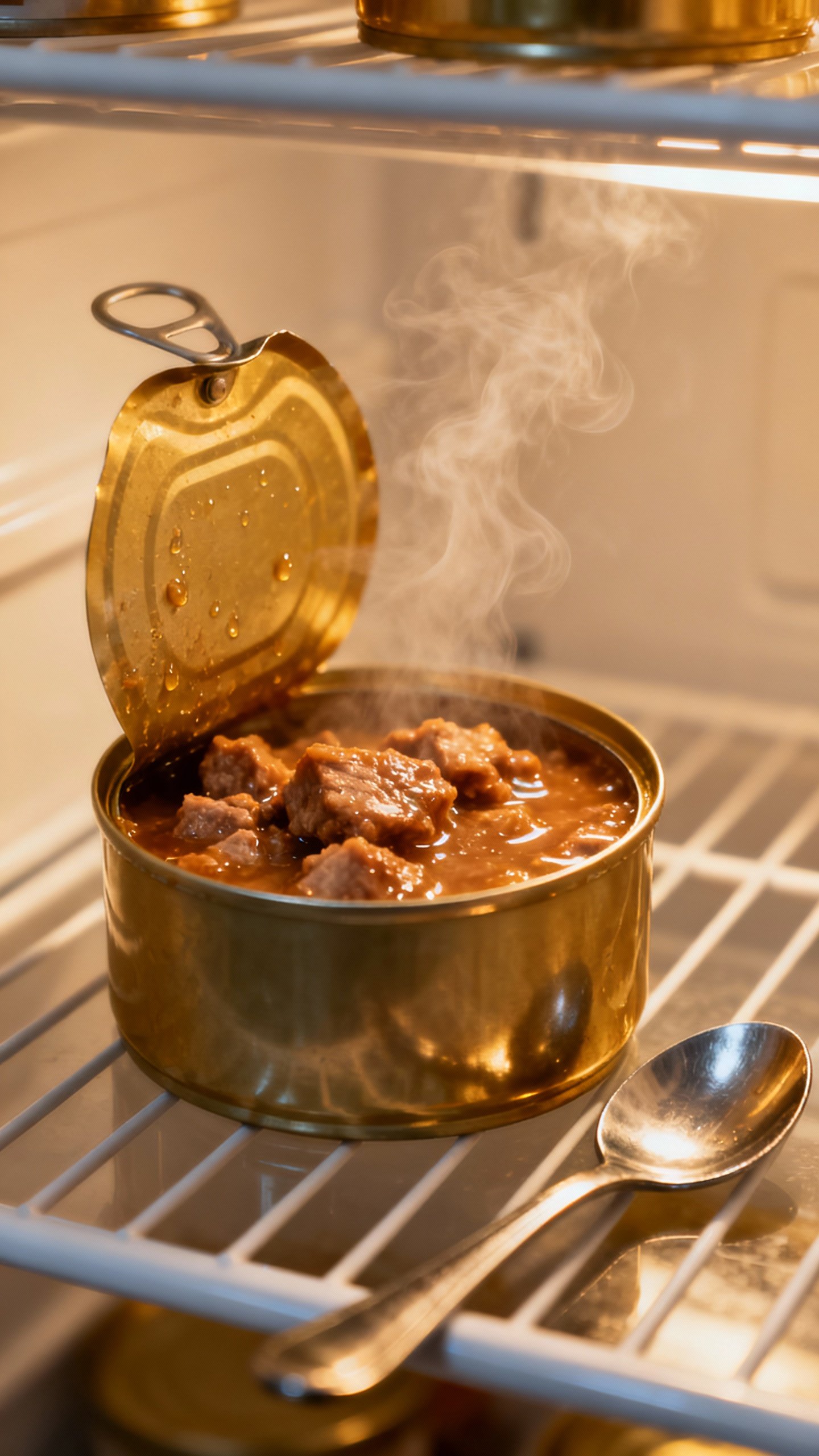 Closeup of opened pet food can, glossy wet chunks, steam, stainless spoon, fridge shelf background