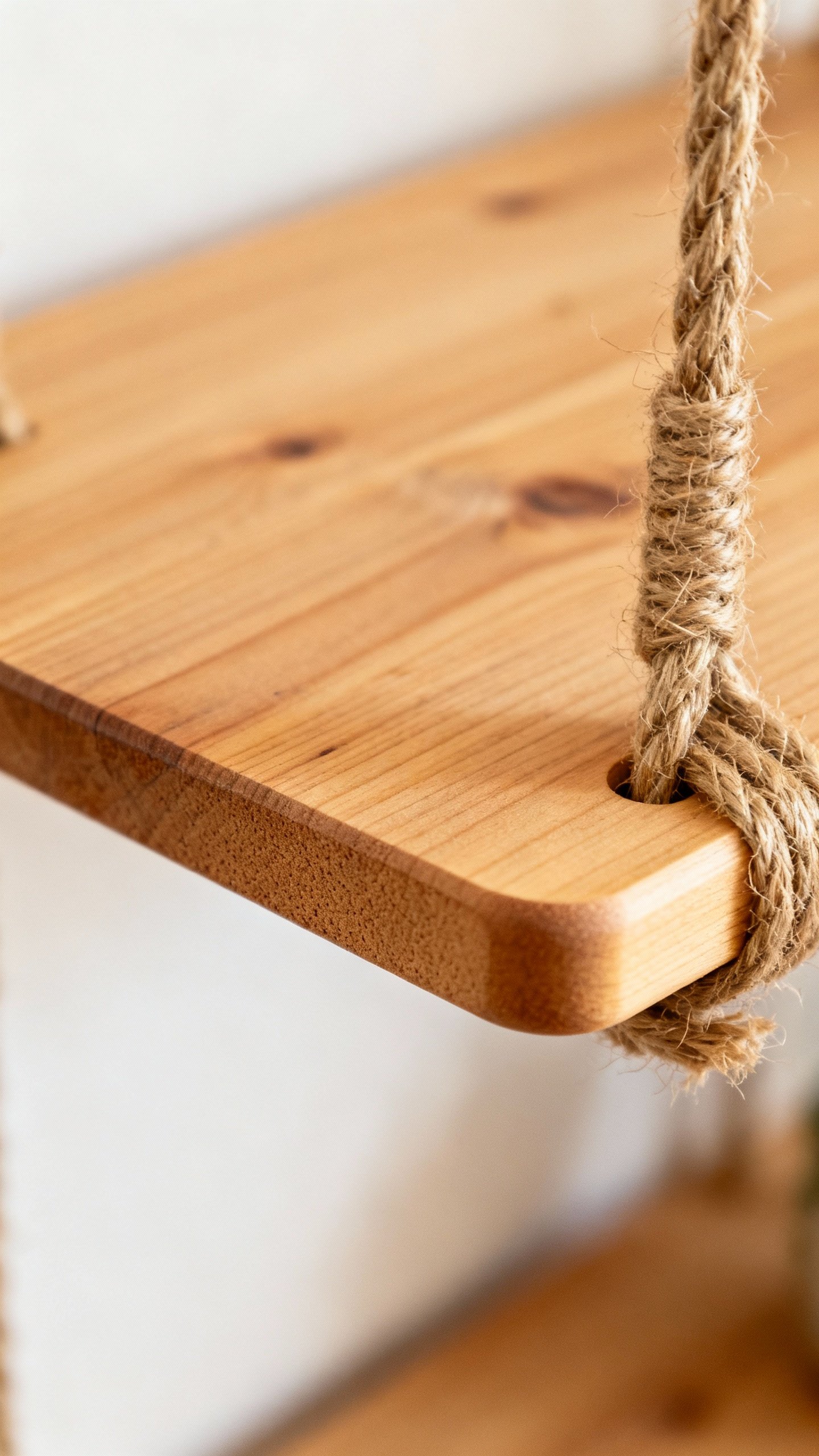 Closeup of pine board shelf with sisal rope wrap, sanded rounded edges