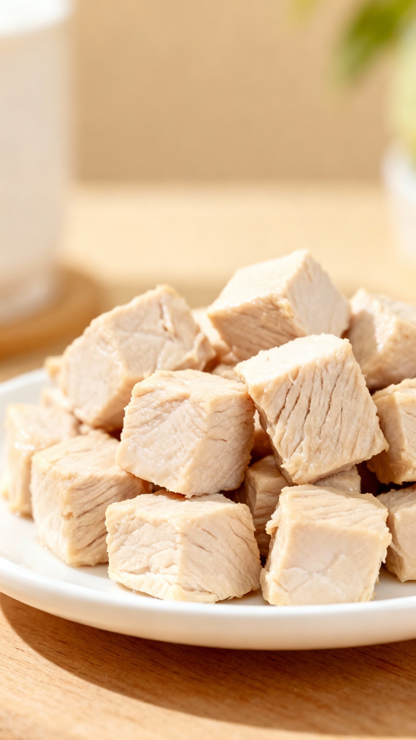 Closeup of plain cooked chicken cubes on white saucer, no seasoning