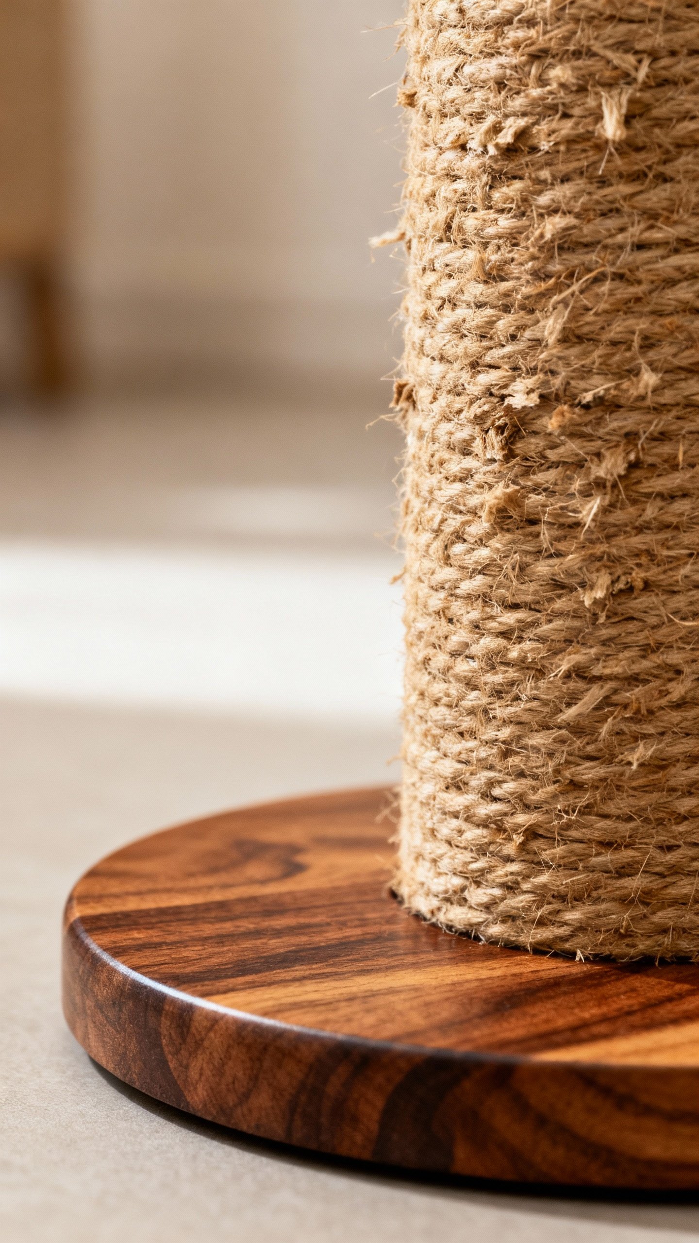 Closeup of sisal fabric scratching post on walnut base