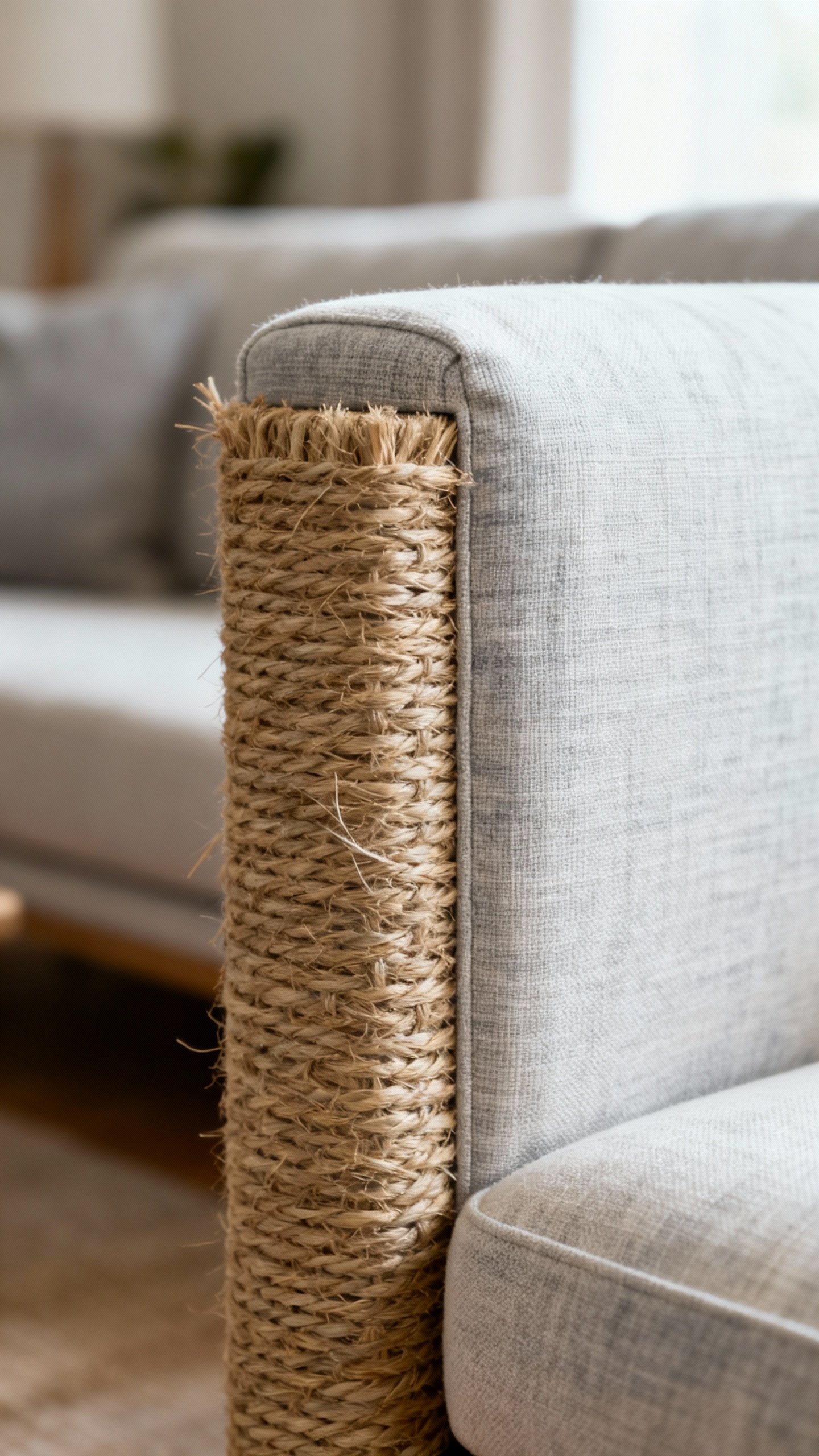 Closeup of sisal-wrapped sofa arm scratch panel on canvas couch, neutral living room