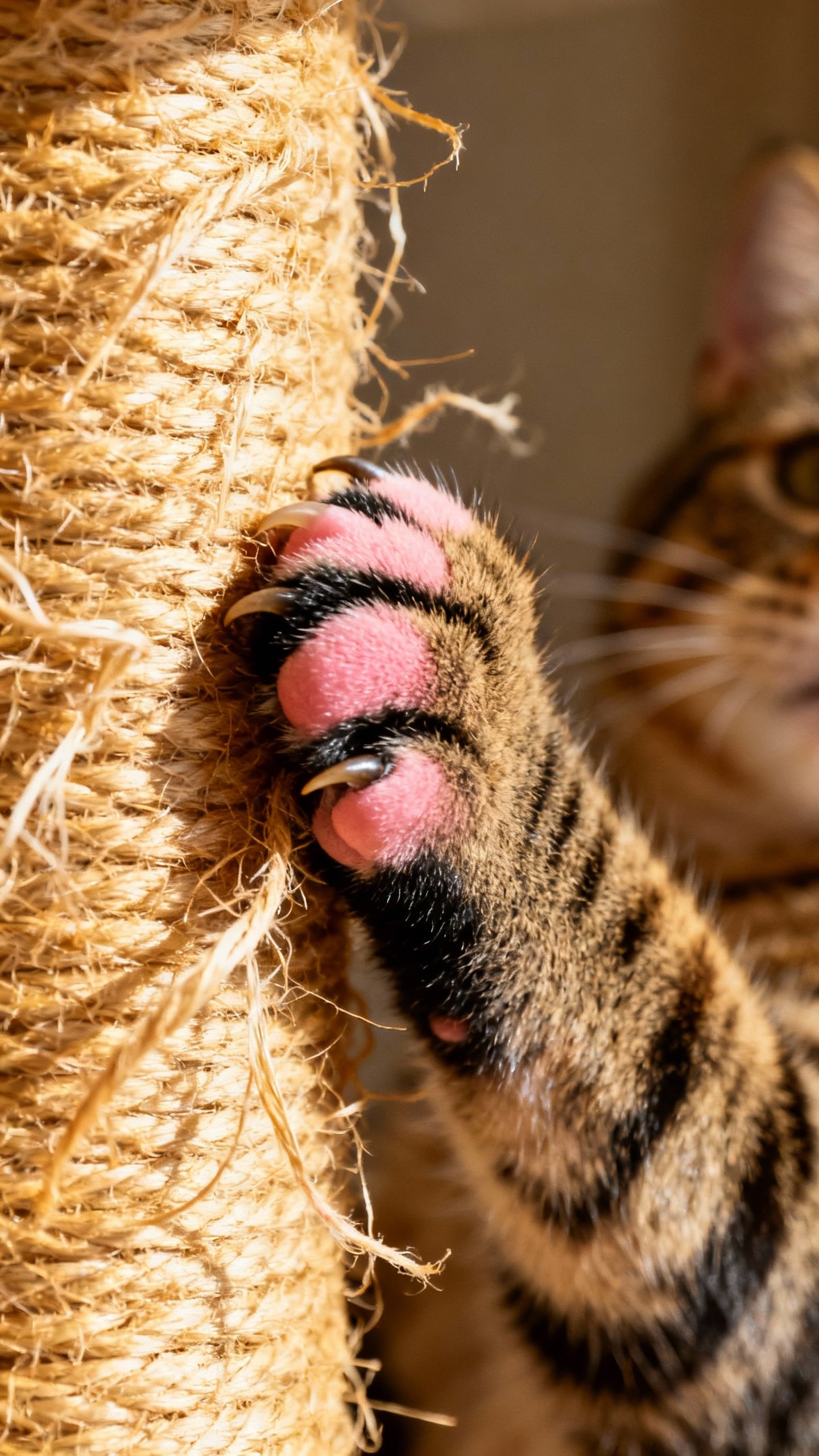 Closeup of tabby cat paw scratching sisal post, fibers fraying