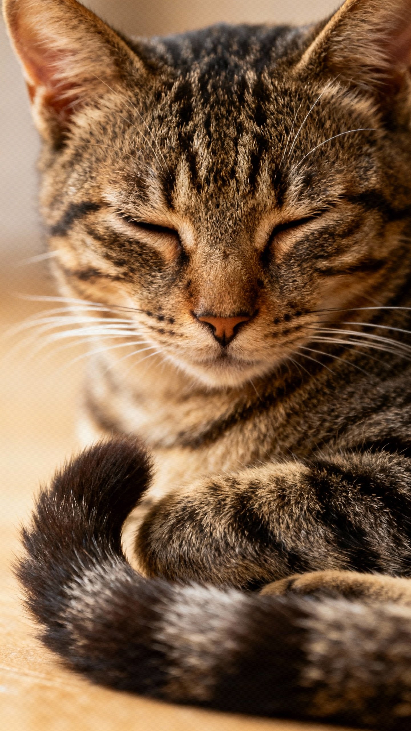 Closeup of tabby cat slow-blinking, relaxed tail tip curl