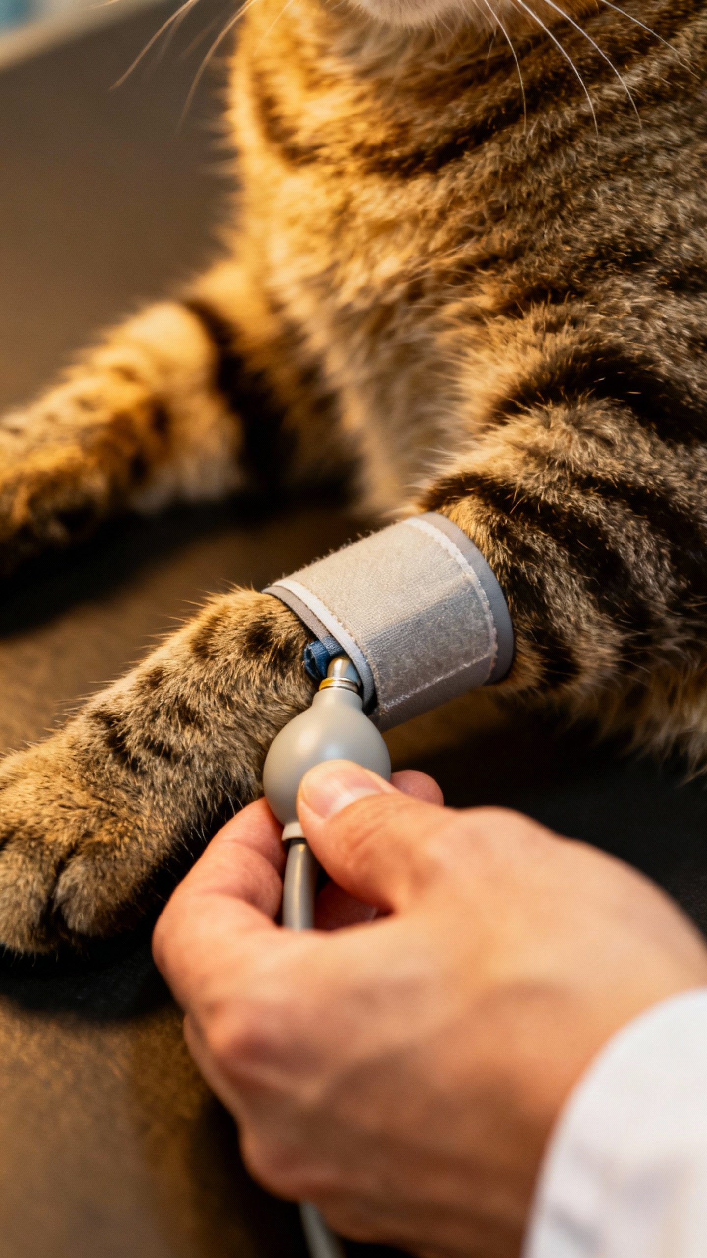 Closeup of vet hand inflating tiny blood pressure cuff on senior tabby cat foreleg