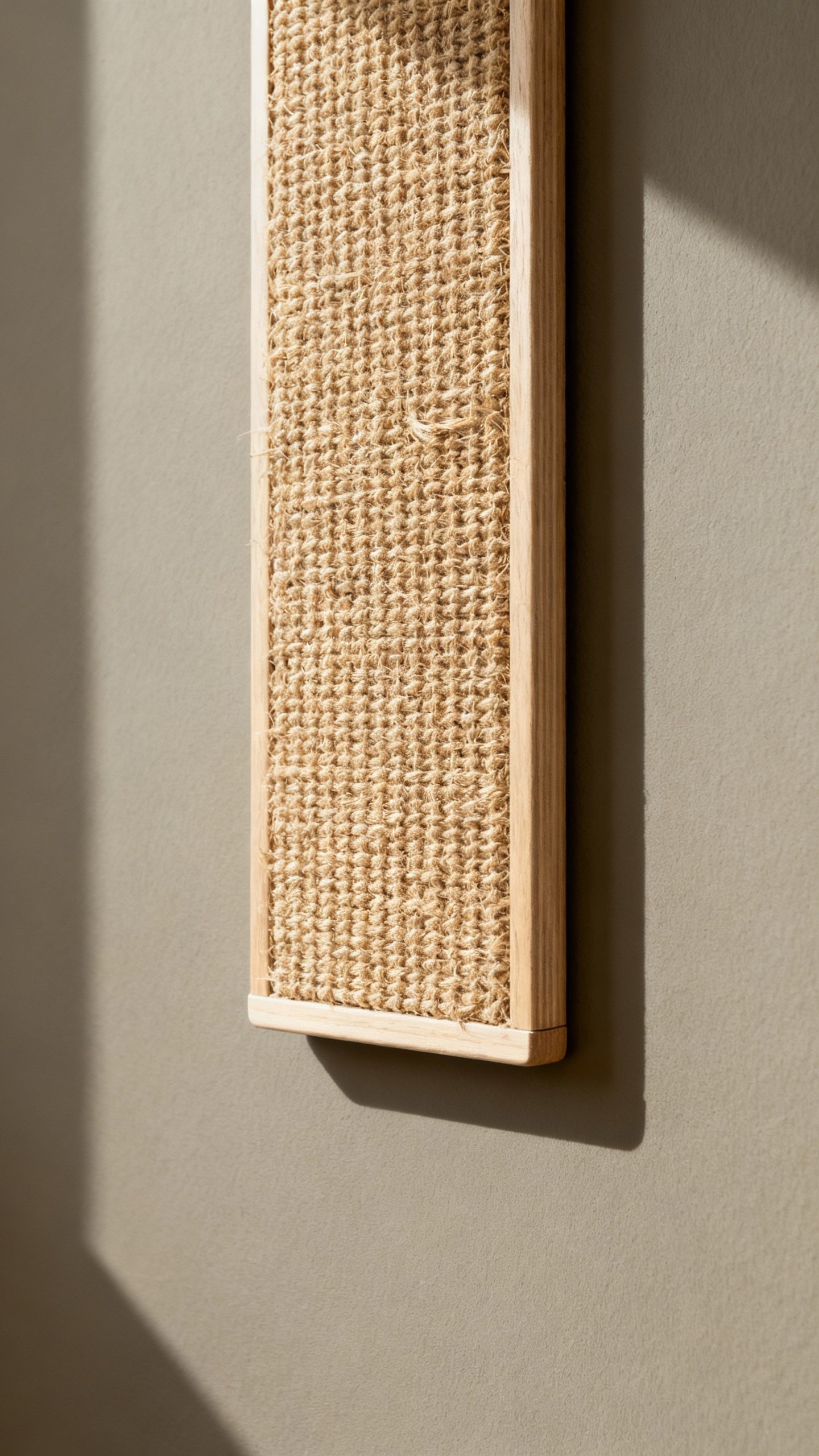 Closeup of wall-mounted sisal scratching panel on greige wall