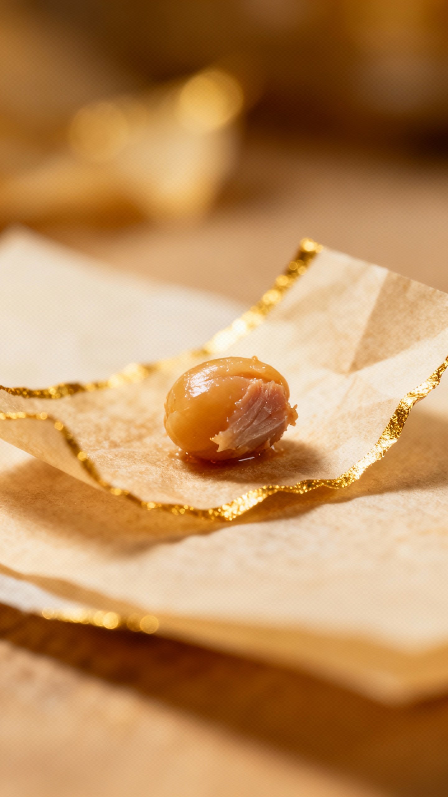 Closeup pea-sized tuna nibbles on parchment, golden edges
