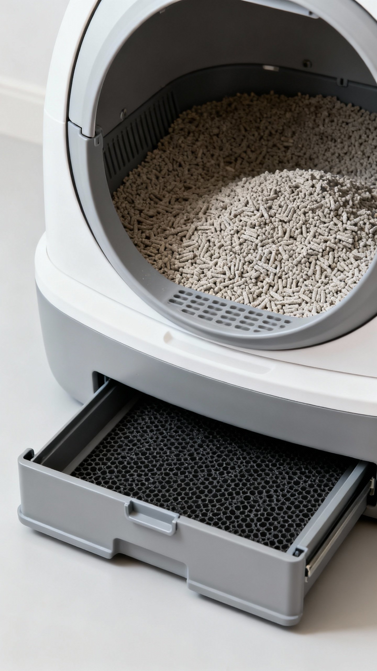 Closeup self-cleaning litter box drum, clumping litter, carbon-filtered sealed drawer