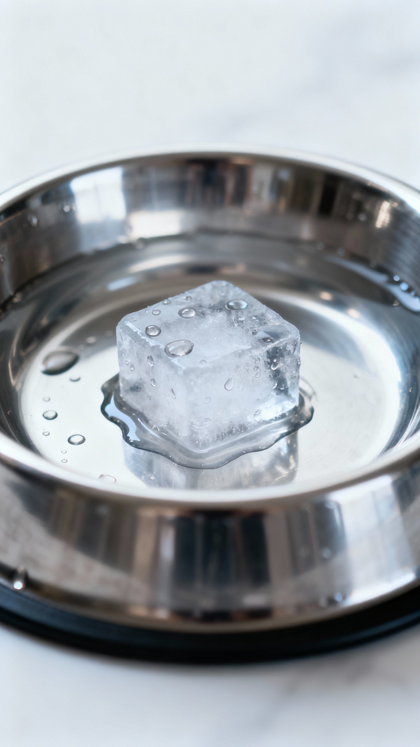 Closeup stainless steel shallow cat bowl with melting ice cube