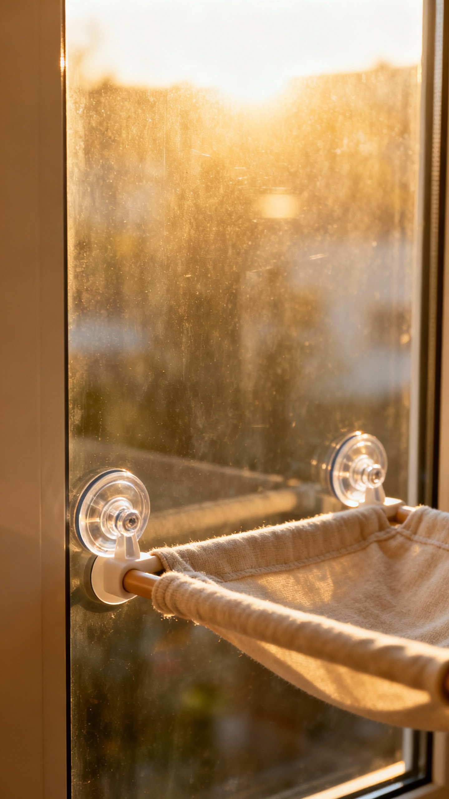 Closeup suction-cup cat hammock on clean glass, warm sunlight