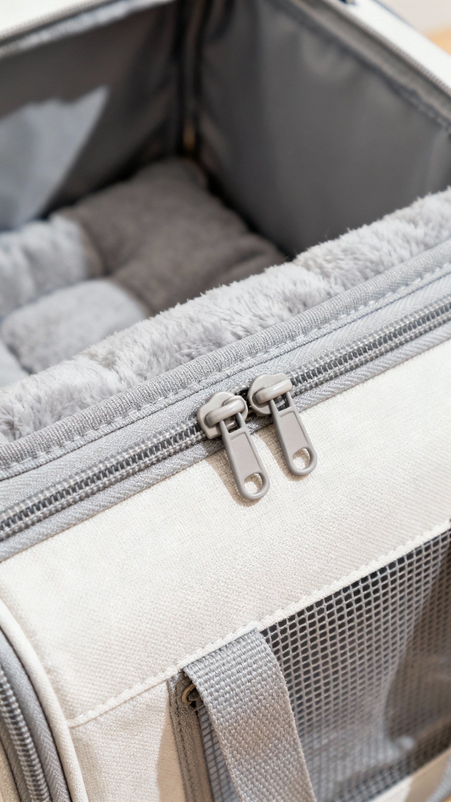 Closeup top-loading cat carrier with secure zippers, washable padding
