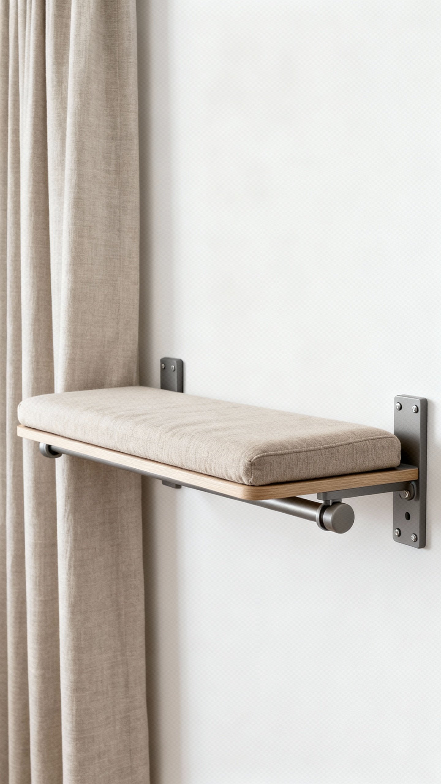 Curtain-rod perch platform with slim cushion, heavy-duty brackets, wall bumpers