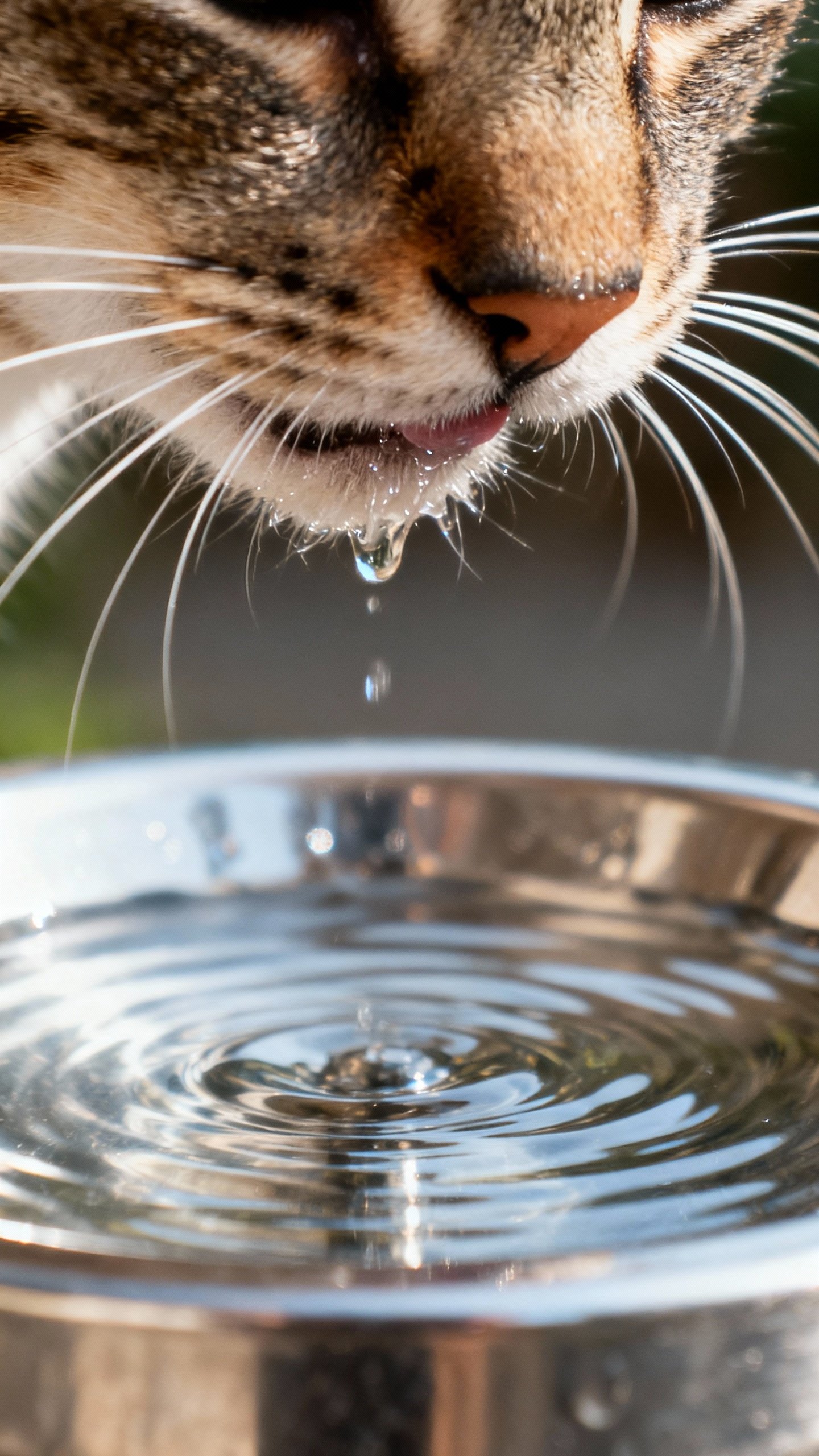 Detail shot of cat drinking from stainless water fountain, rippling water surface, whiskers and nose