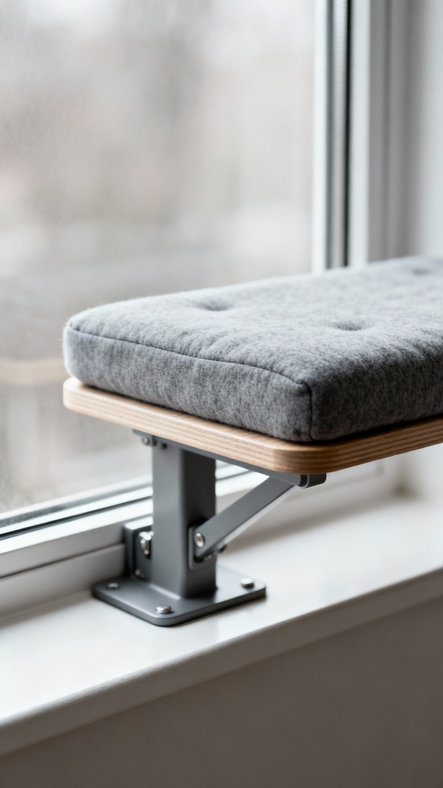 Detailed sill-mounted perch with padded memory-foam cushion, gray fabric
