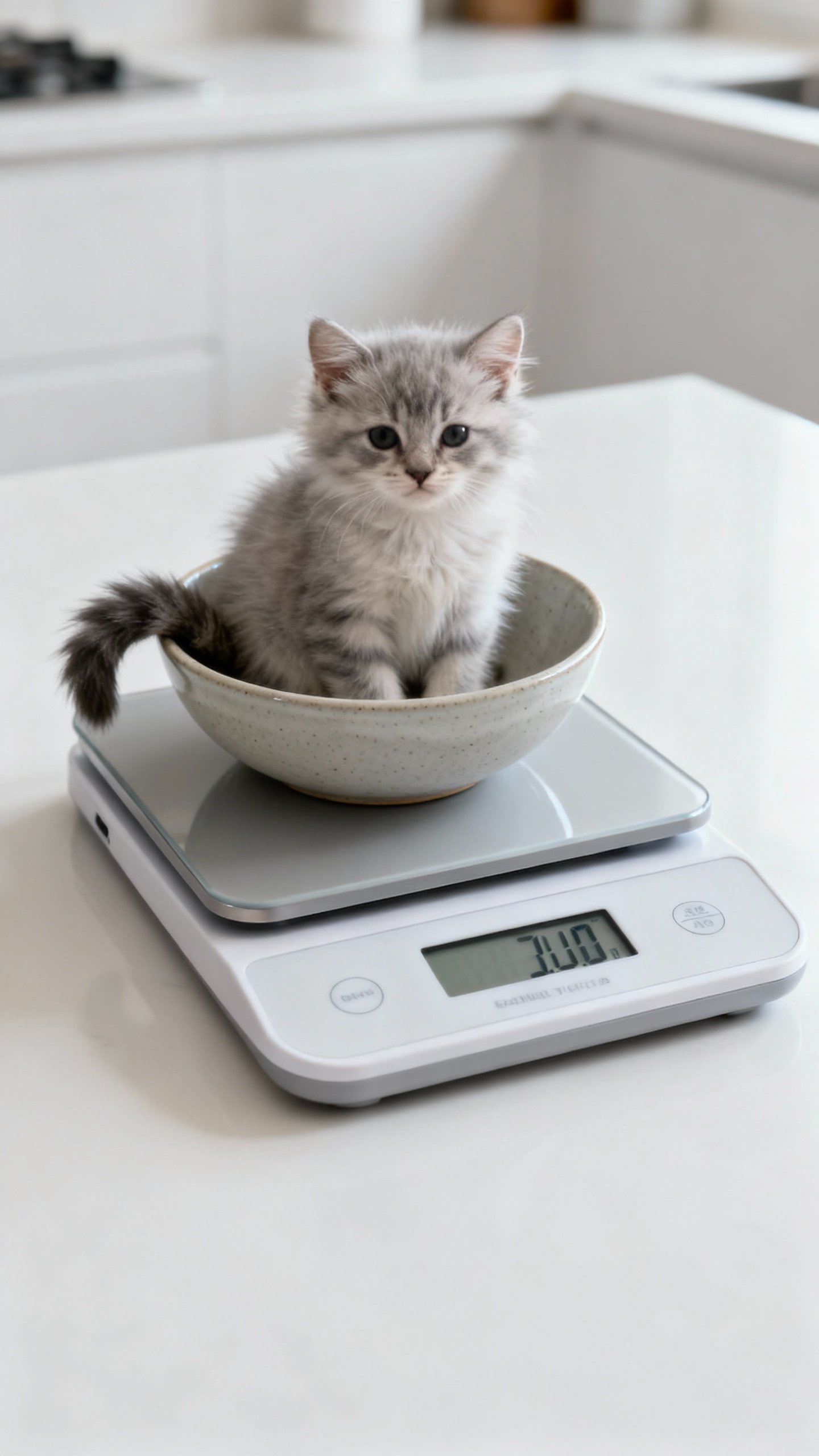 Digital kitchen scale with small kitten in bowl, precise weight scene