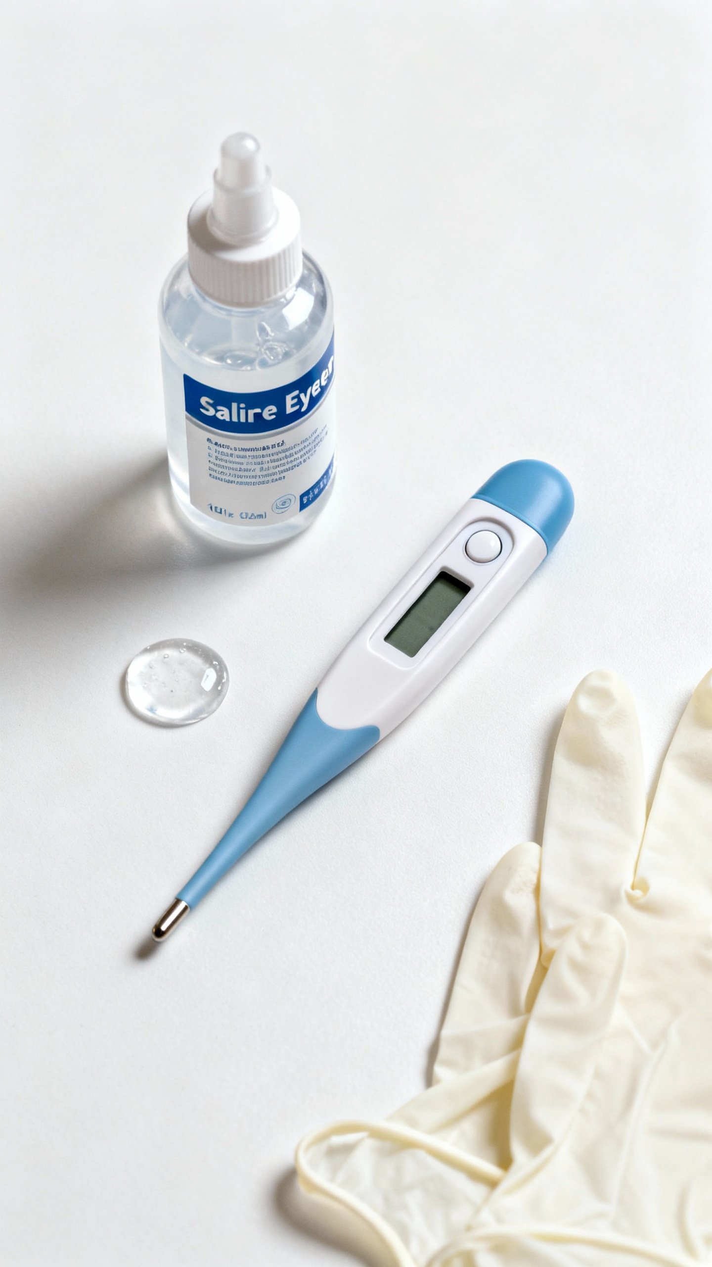 Digital rectal thermometer with lubricant beside saline eyewash, gloves