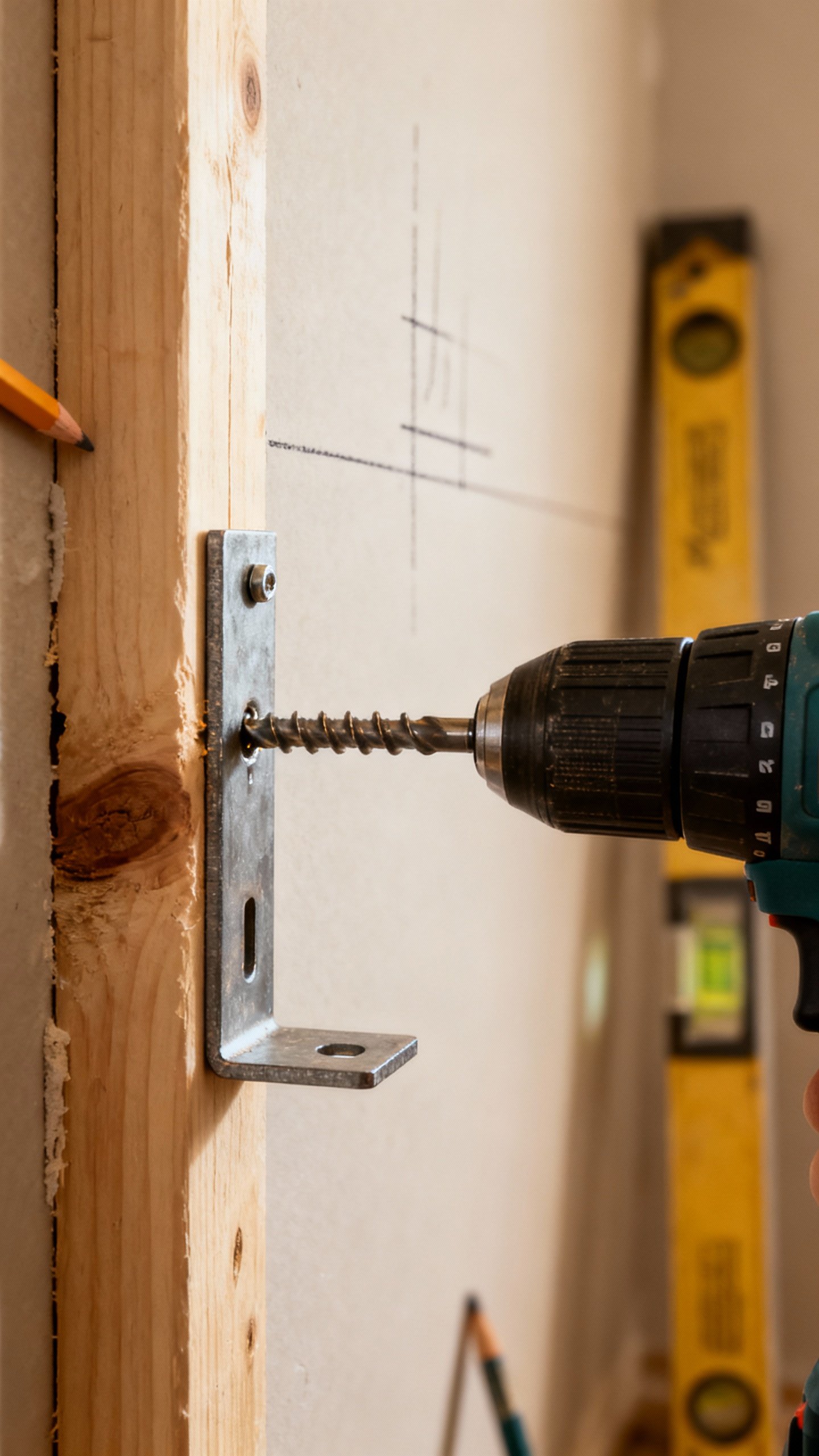 Drill driving heavy-duty L-bracket into wall stud, level and pencil marks visible