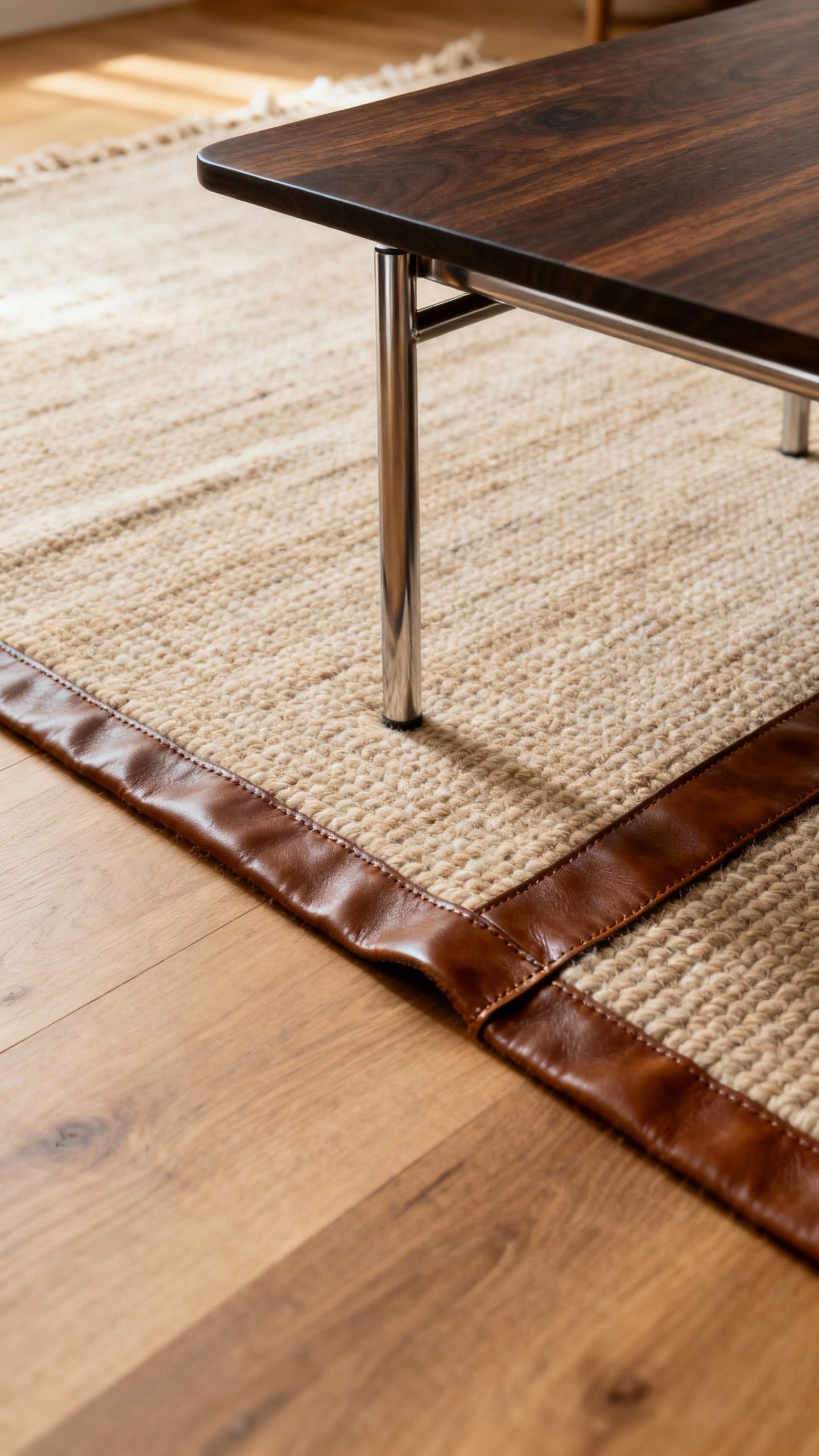 Flatweave wool rug with leather-bound edge, metal-legged coffee table