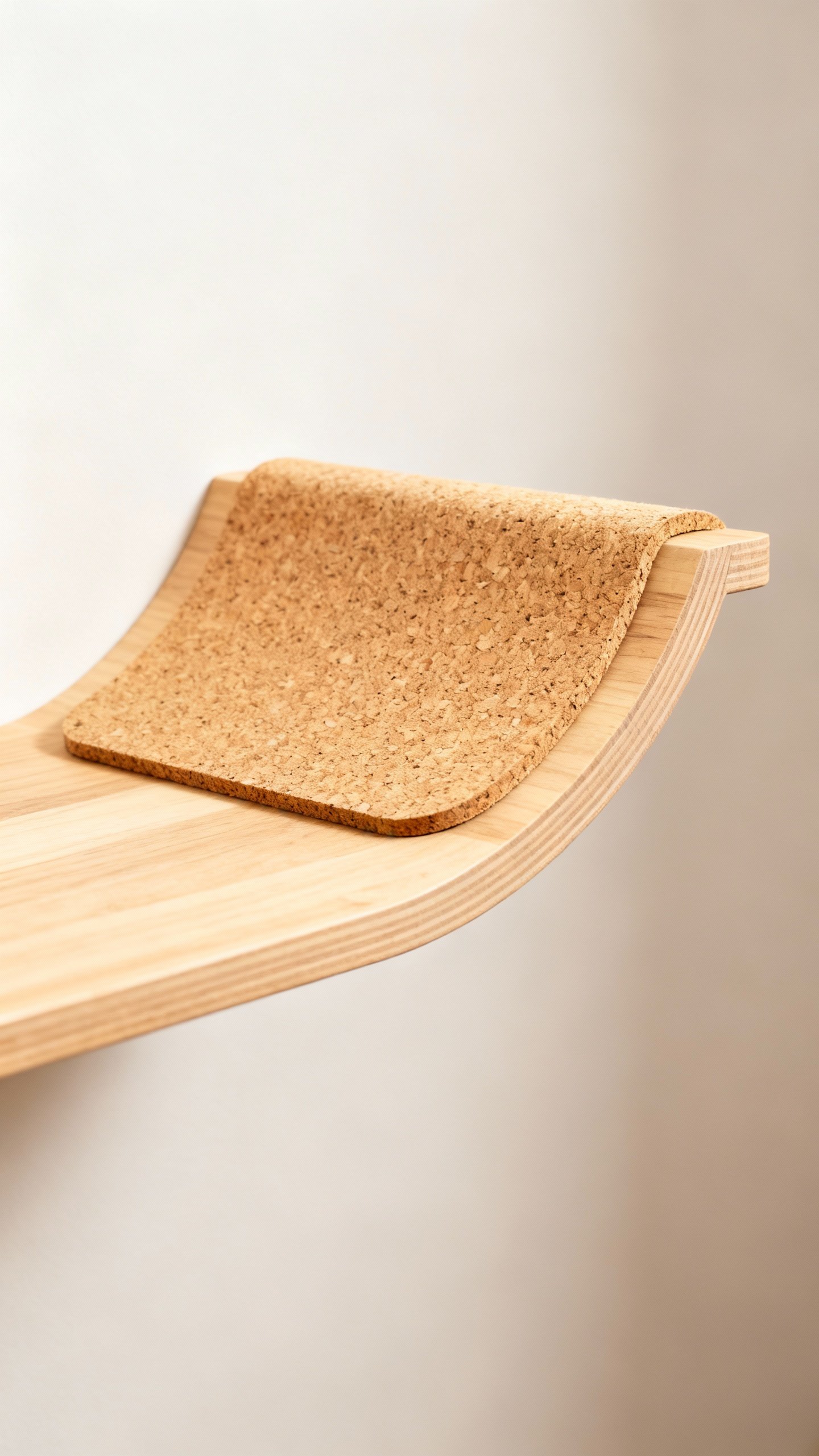 Floating curved plywood cat shelf with cork pad closeup