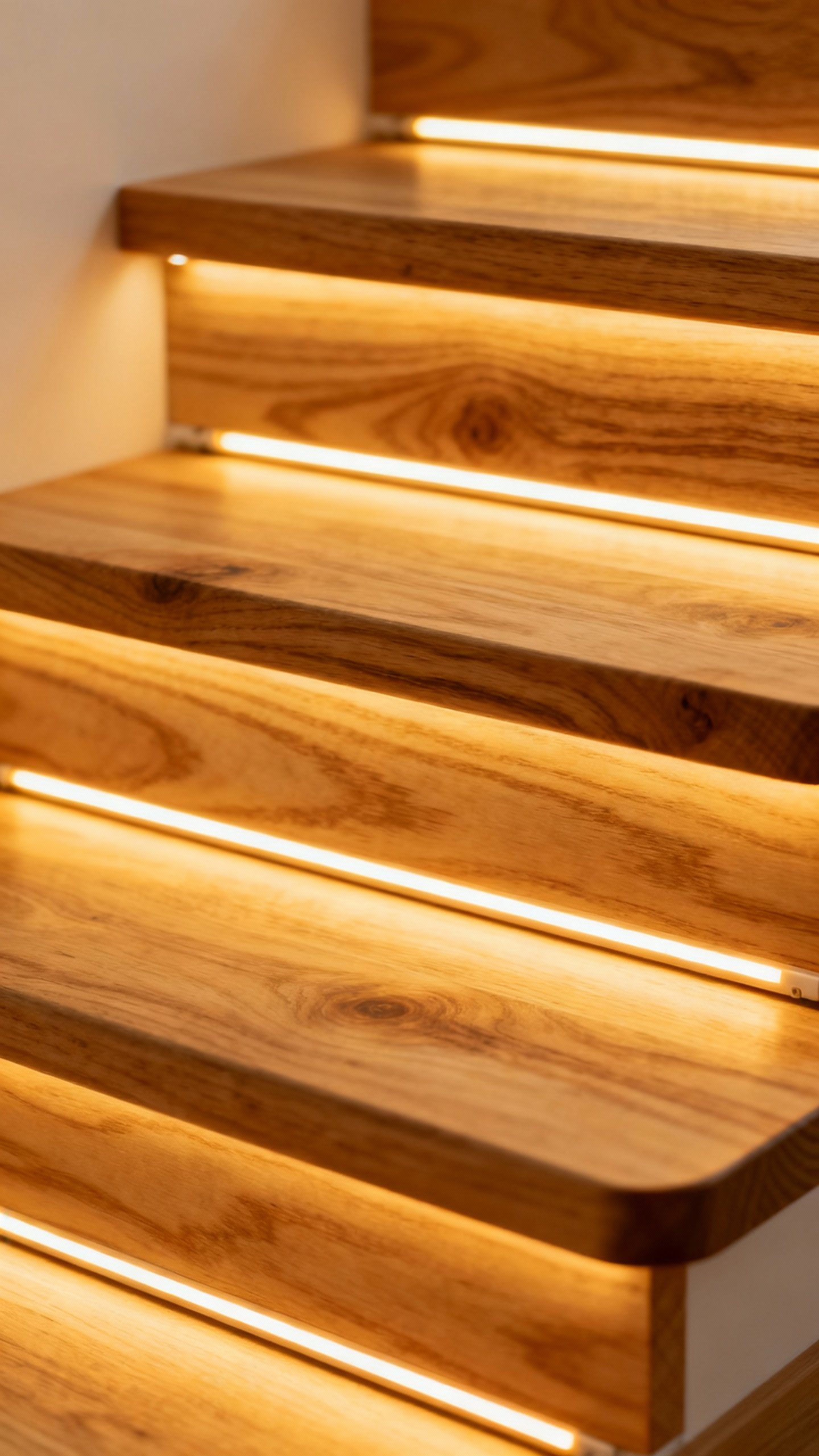 Floating solid-wood cat steps with warm LED strips, closeup