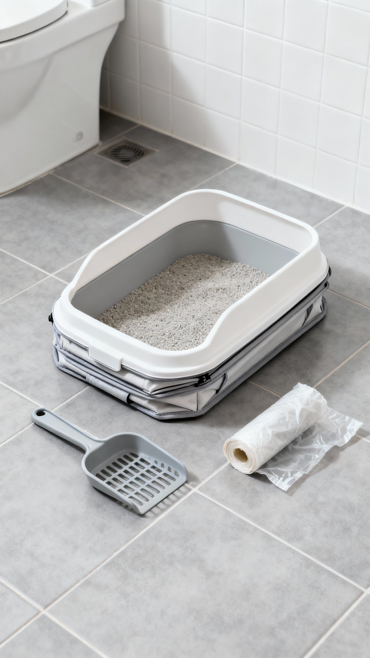 Foldable travel litter box with scoop, small litter bag, bathroom tile floor
