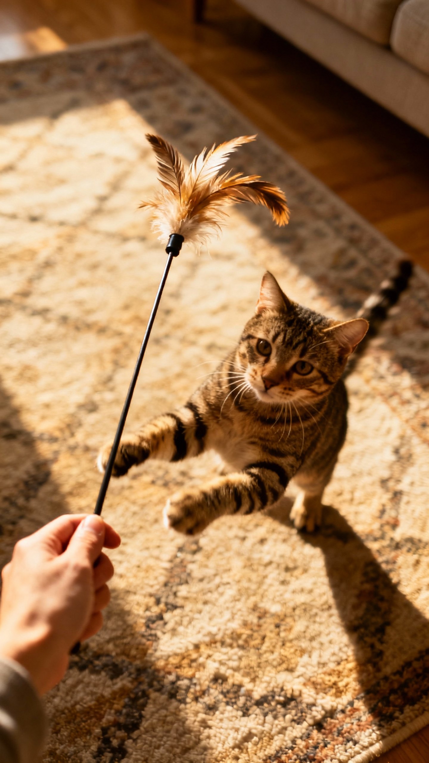 Hand using wand toy with feather lure, tabby cat mid-pounce, living room rug
